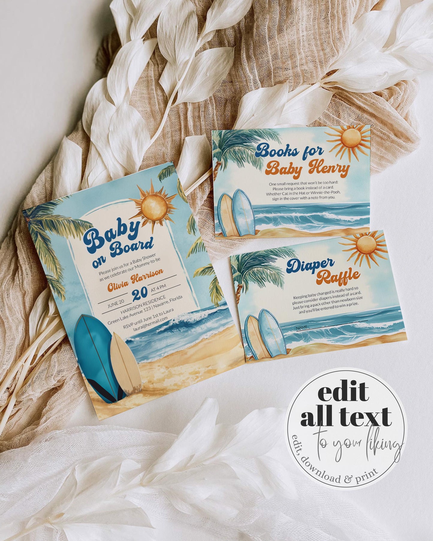 Baby on Board Surfer Baby Shower Invitation Beach Ocean Vintage Summer Baby Shower Invite Retro Pool Party Boys Printable Template #068 - TheLovebirdsDesign