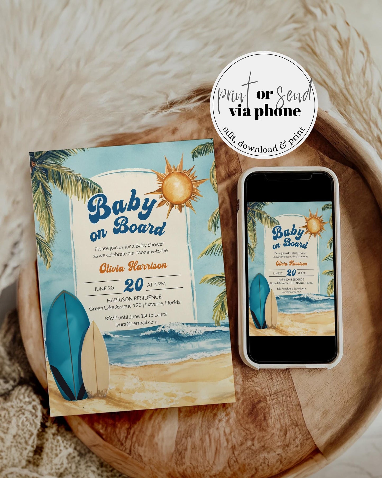 Baby on Board Surfer Baby Shower Invitation Beach Ocean Vintage Summer Baby Shower Invite Retro Pool Party Boys Printable Template #068 - TheLovebirdsDesign