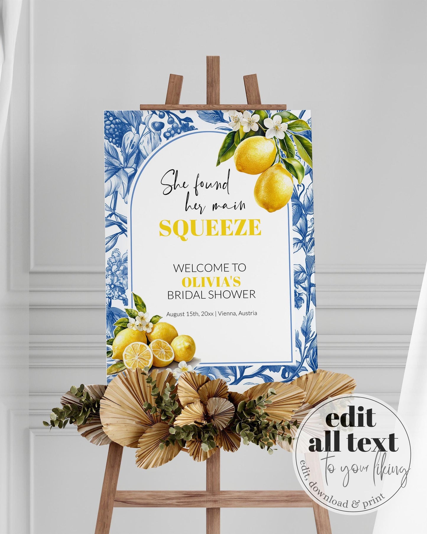 Citrus Lemon Amalfi Coast Bridal Shower Welcome Sign, Positano Limoncello Spritz Toile de Jouy Decorations Sign Mediterranean Template #072 - TheLovebirdsDesign
