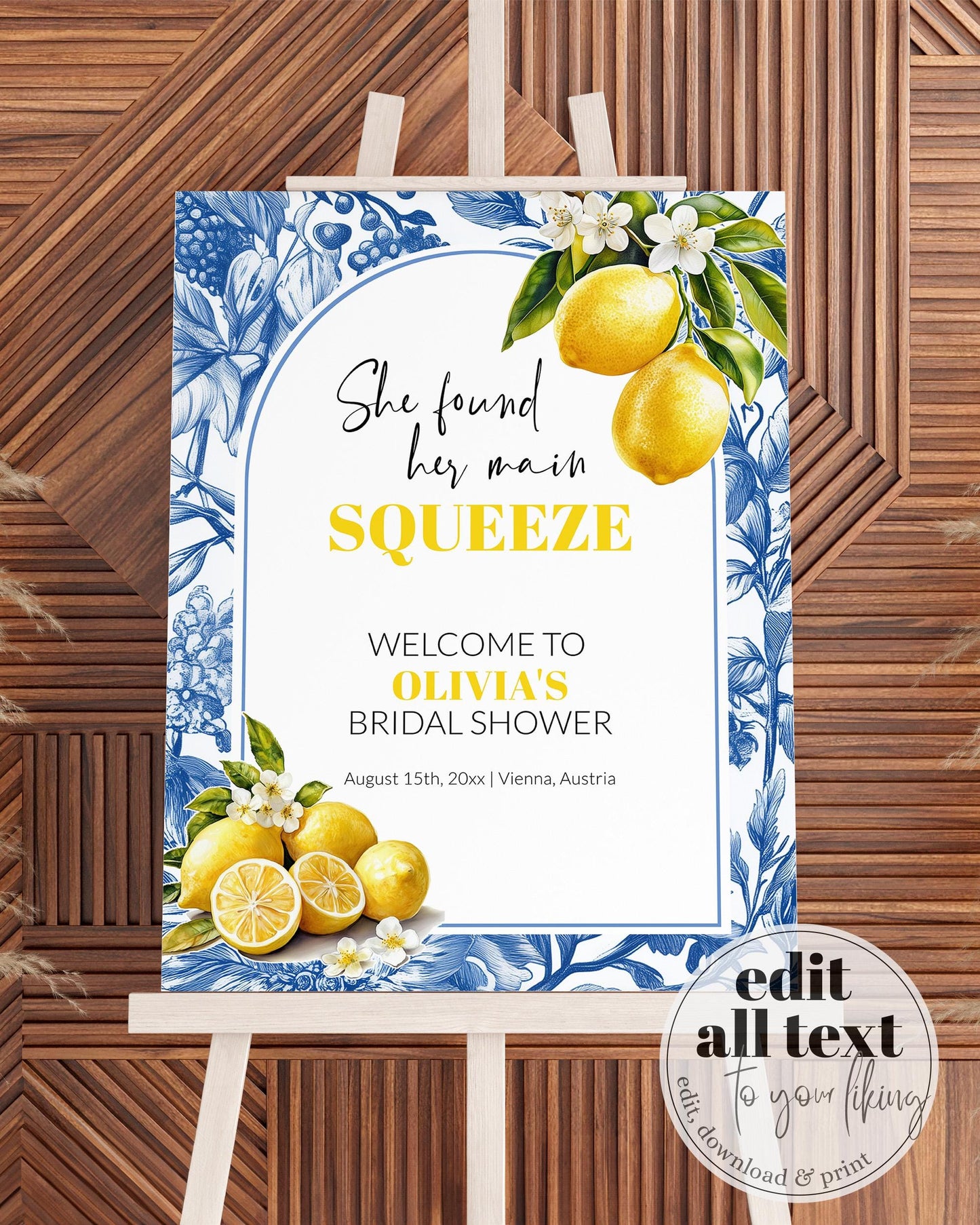Citrus Lemon Amalfi Coast Bridal Shower Welcome Sign, Positano Limoncello Spritz Toile de Jouy Decorations Sign Mediterranean Template #072 - TheLovebirdsDesign