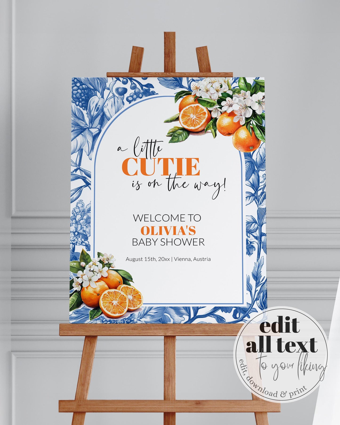 Little Cutie is on it's way Citrus Orange Amalfi Coast Baby Shower Welcome Sign, Toile de Jouy Mediterranean Decoration Sign Template #072 - TheLovebirdsDesign