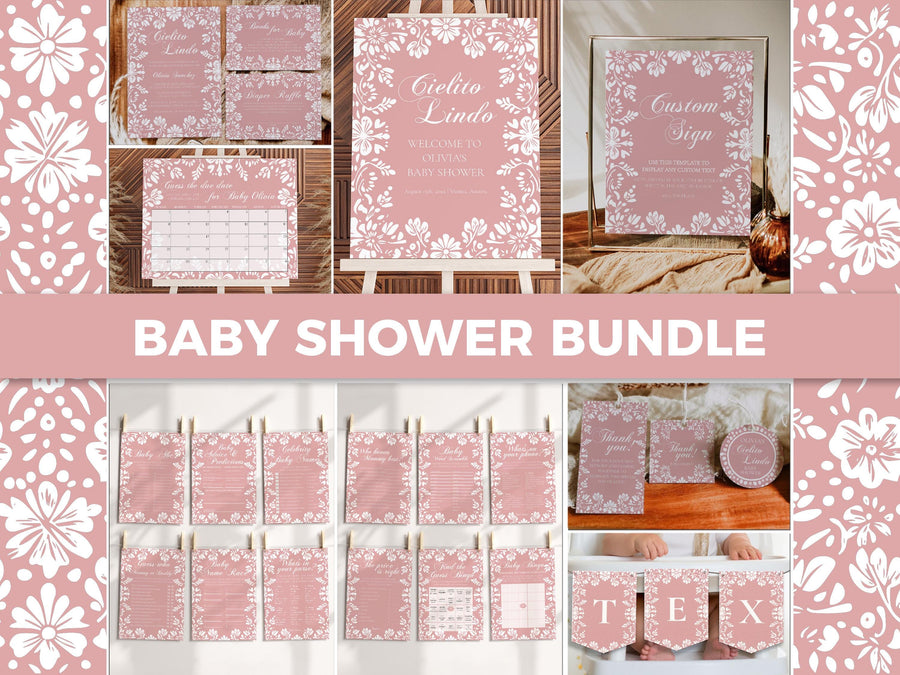 Cielito Lindo Baby Shower Bundle Template, Pink Mexican Fiesta Invitation and Decor Set 001PI-BSBUNDLE - marryful.org