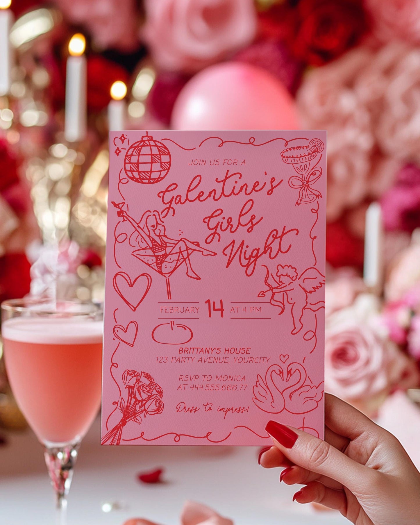 Handwritten Galentines Day Girls Night Invitation Funky Doodle Pink Red Valentines Pajama Party Invite Galentine Dinner Brunch Template #070 - TheLovebirdsDesign