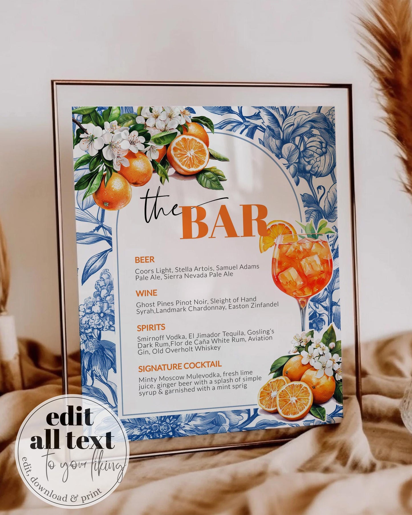 Citrus Orange Amalfi Coast Bar Menu Sign, Toile de Jouy Cocktail Menu Card for Mediterranean Cutie Baby Shower Decoration Sign Template #072 - TheLovebirdsDesign