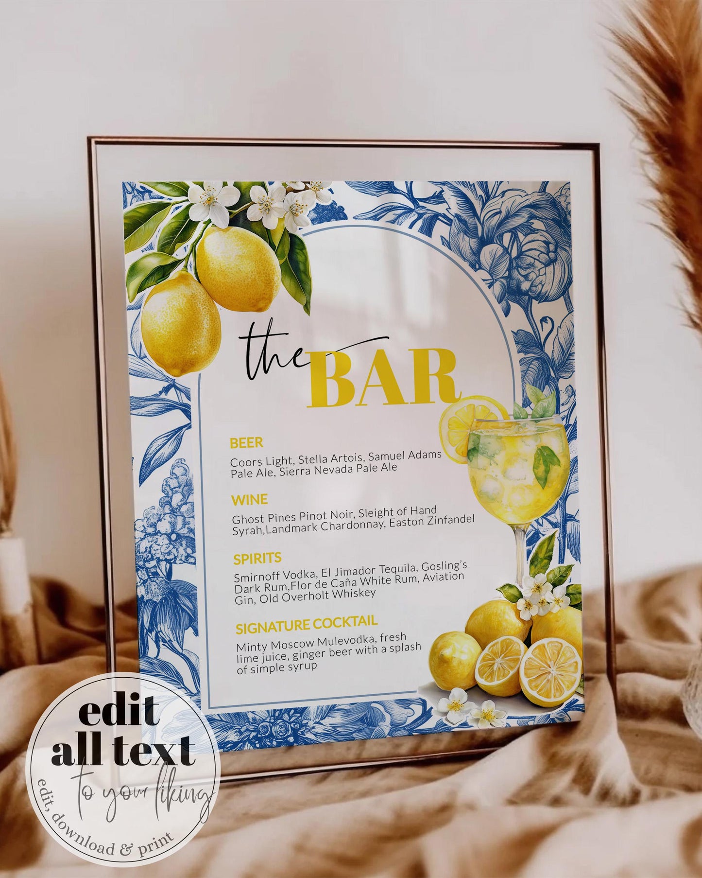 Citrus Limoncello Spitz Bar Menu Template, Cocktail Drinks Menu for Lemon Amalfi Coast Positano Bridal Shower or Mediterranean Wedding #072 - TheLovebirdsDesign