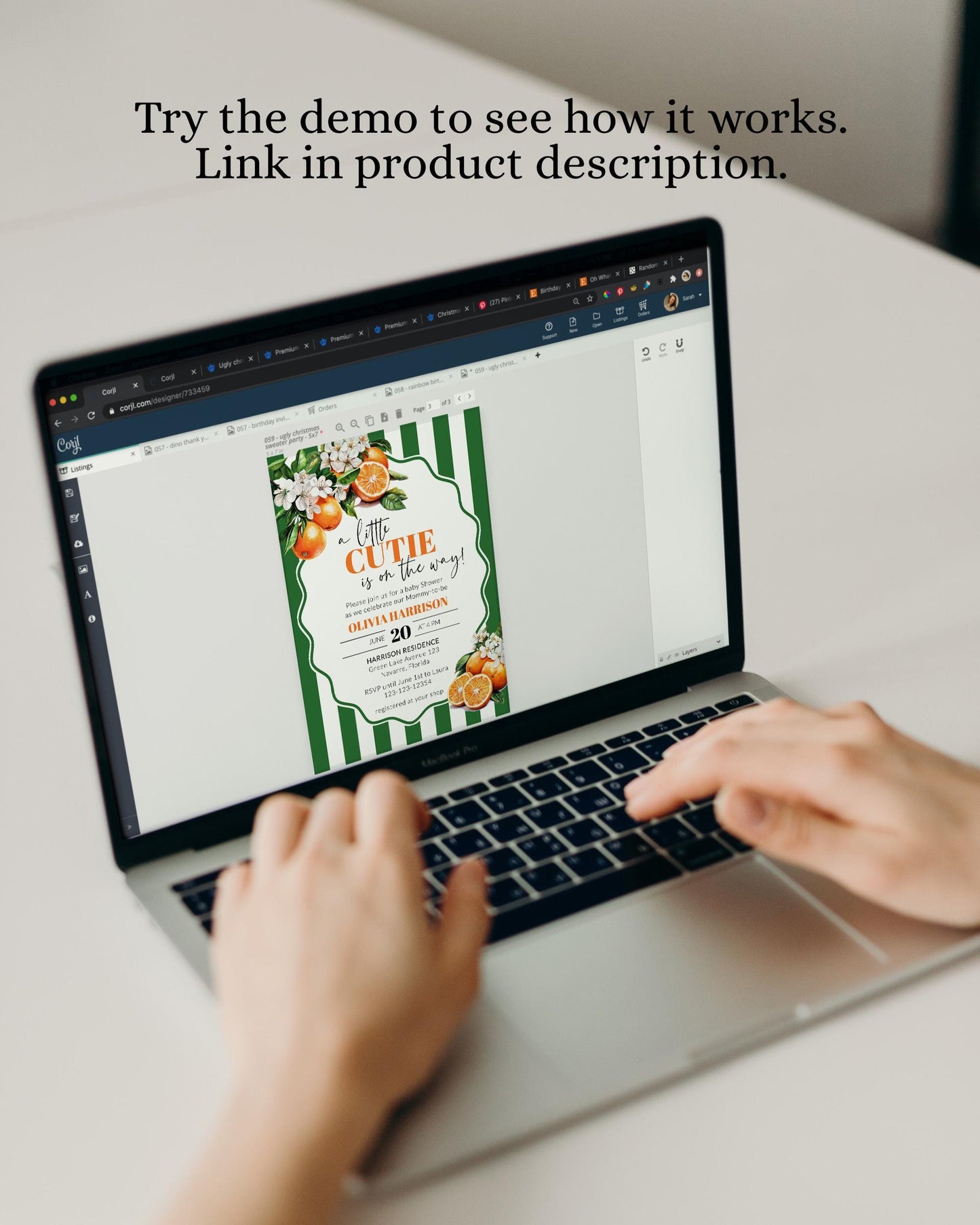 Little Cutie is on it's way Citrus Orange Green Stripe Baby Shower Invitation, Cutie Orange Greenery Baby Shower Invite Suite Template #072 - TheLovebirdsDesign