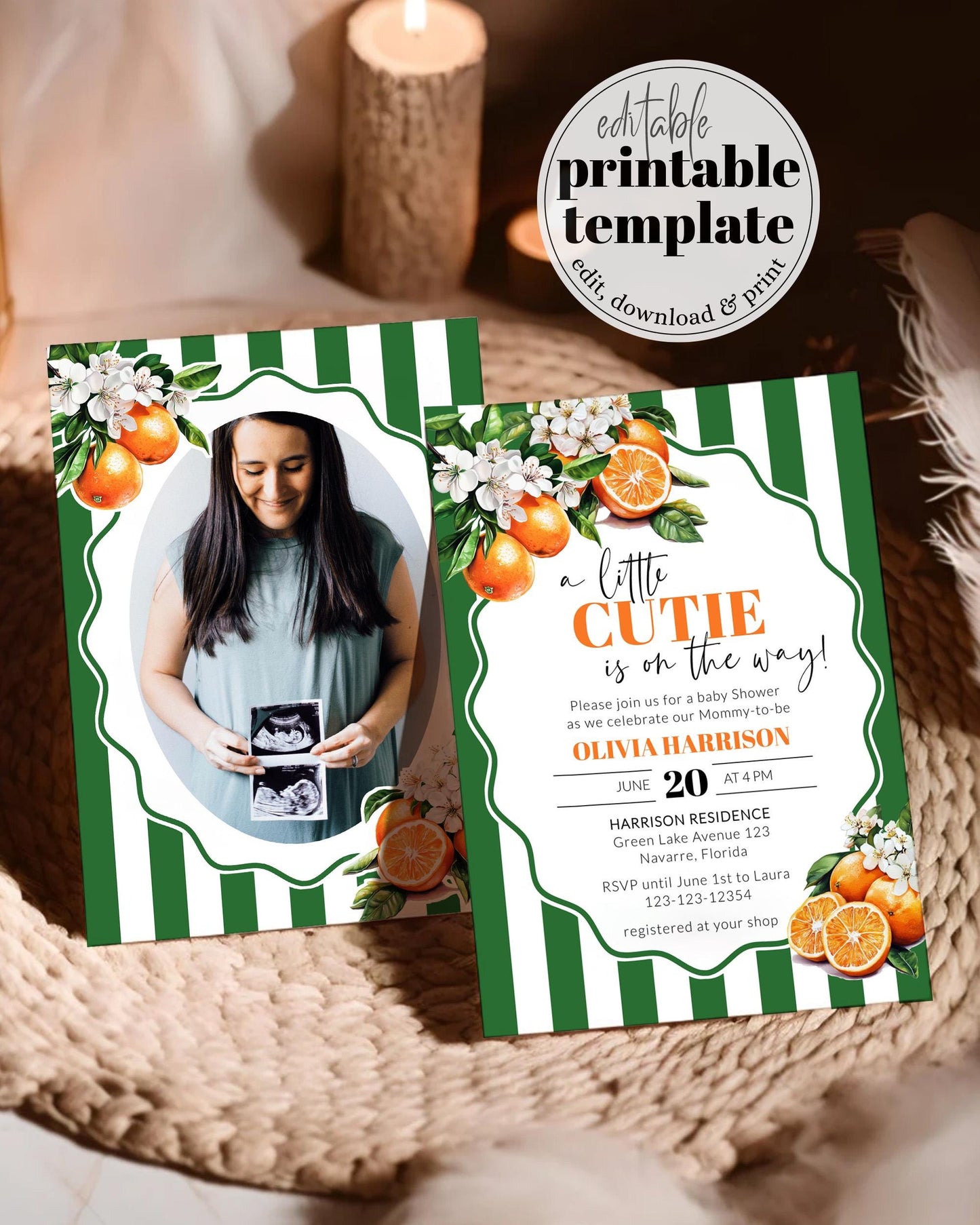 Little Cutie is on it's way Citrus Orange Green Stripe Baby Shower Invitation, Cutie Orange Greenery Baby Shower Invite Suite Template #072 - TheLovebirdsDesign