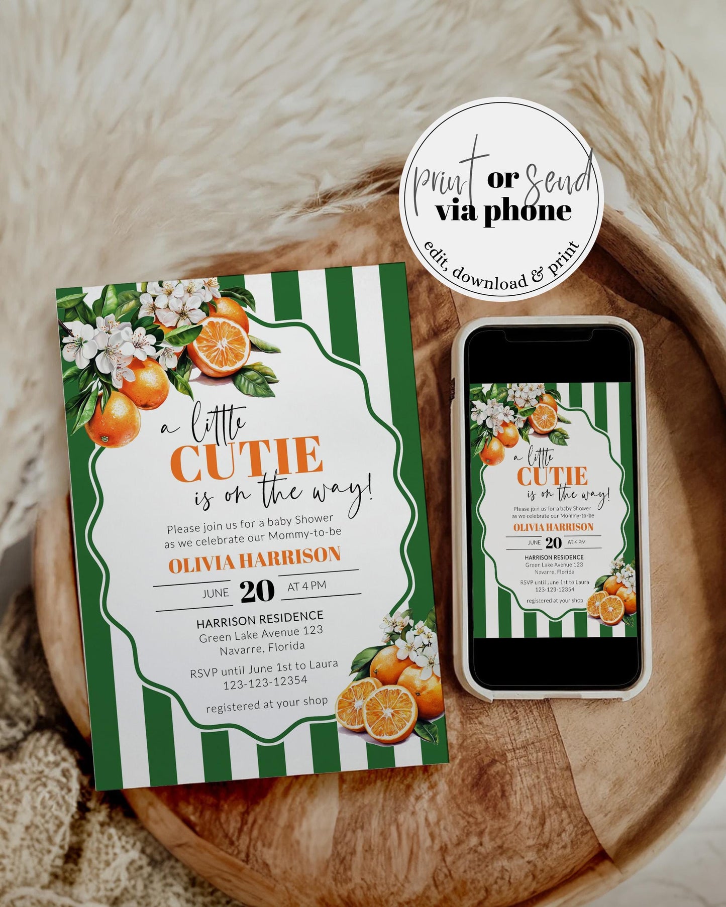 Little Cutie is on it's way Citrus Orange Green Stripe Baby Shower Invitation, Cutie Orange Greenery Baby Shower Invite Suite Template #072 - TheLovebirdsDesign