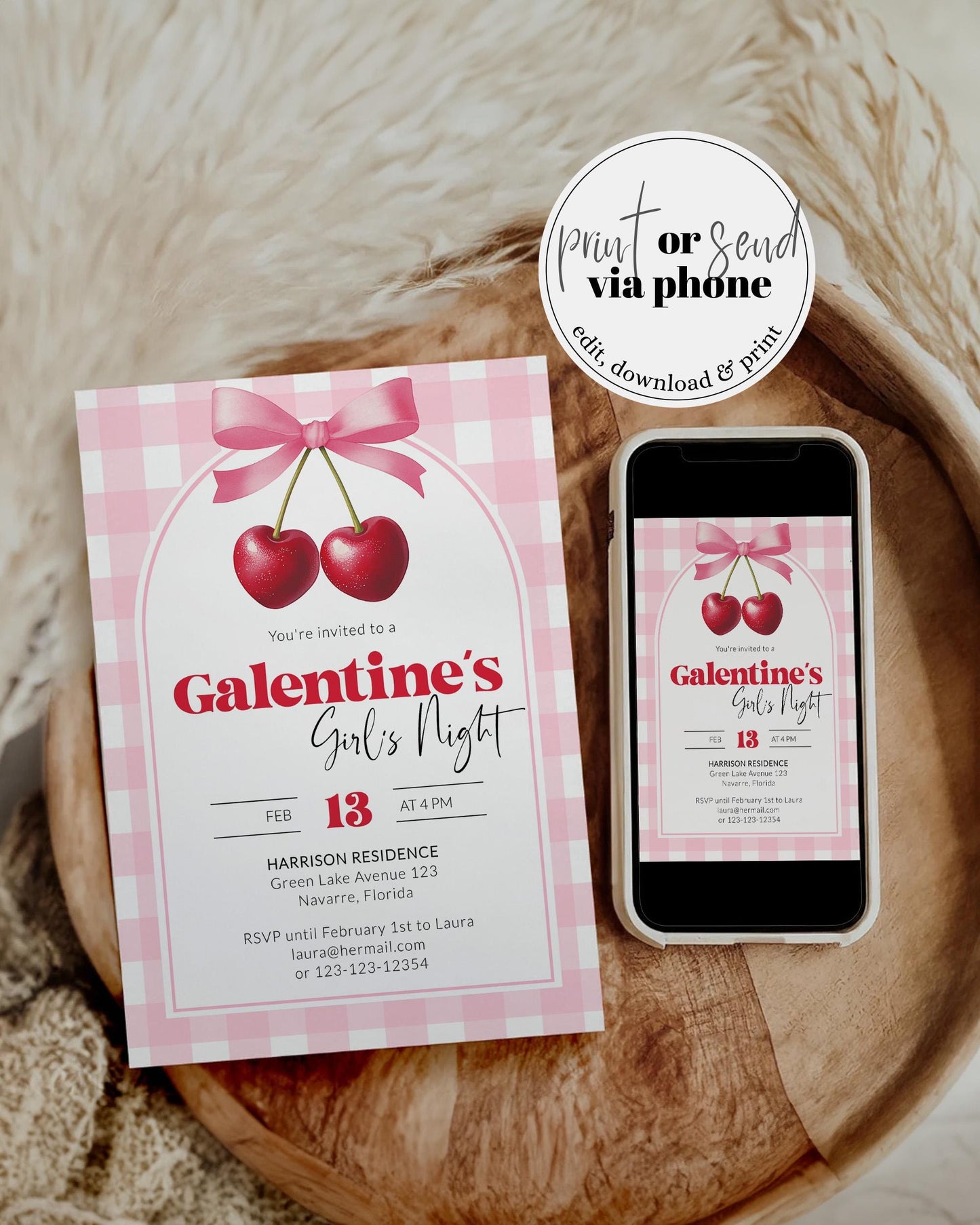 Cherry Coquette Bow Galentines Girls Night Invitation, Pajama Party or Valentines Day Tea Party Invite Heart Shaped Cherries Template #068 - TheLovebirdsDesign
