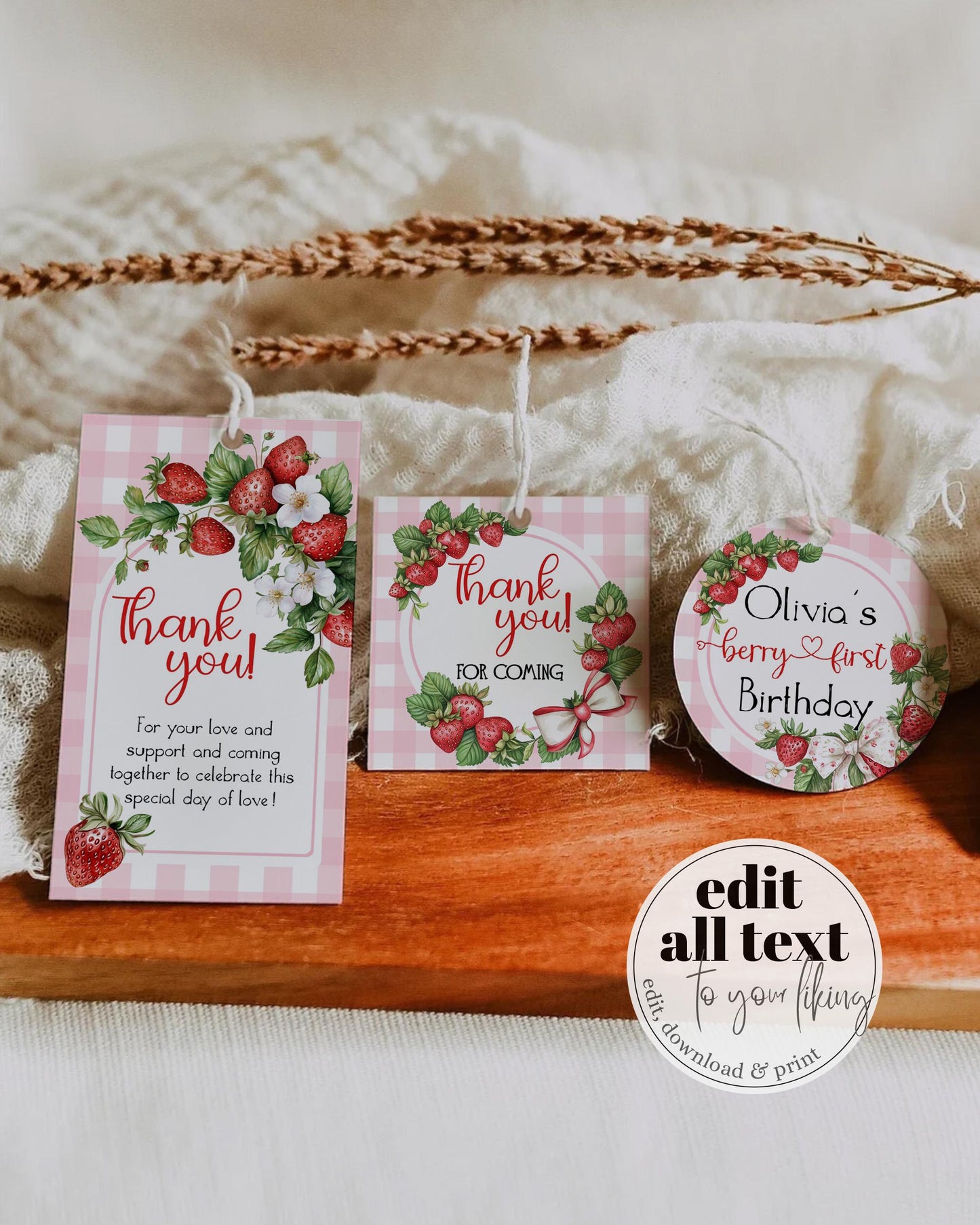 Berry First Birthday Party Favor Tags Strawberry 1st Birthday Girl Sticker, Pink Gingham Berry First Birthday Label Printable Template #068 - TheLovebirdsDesign