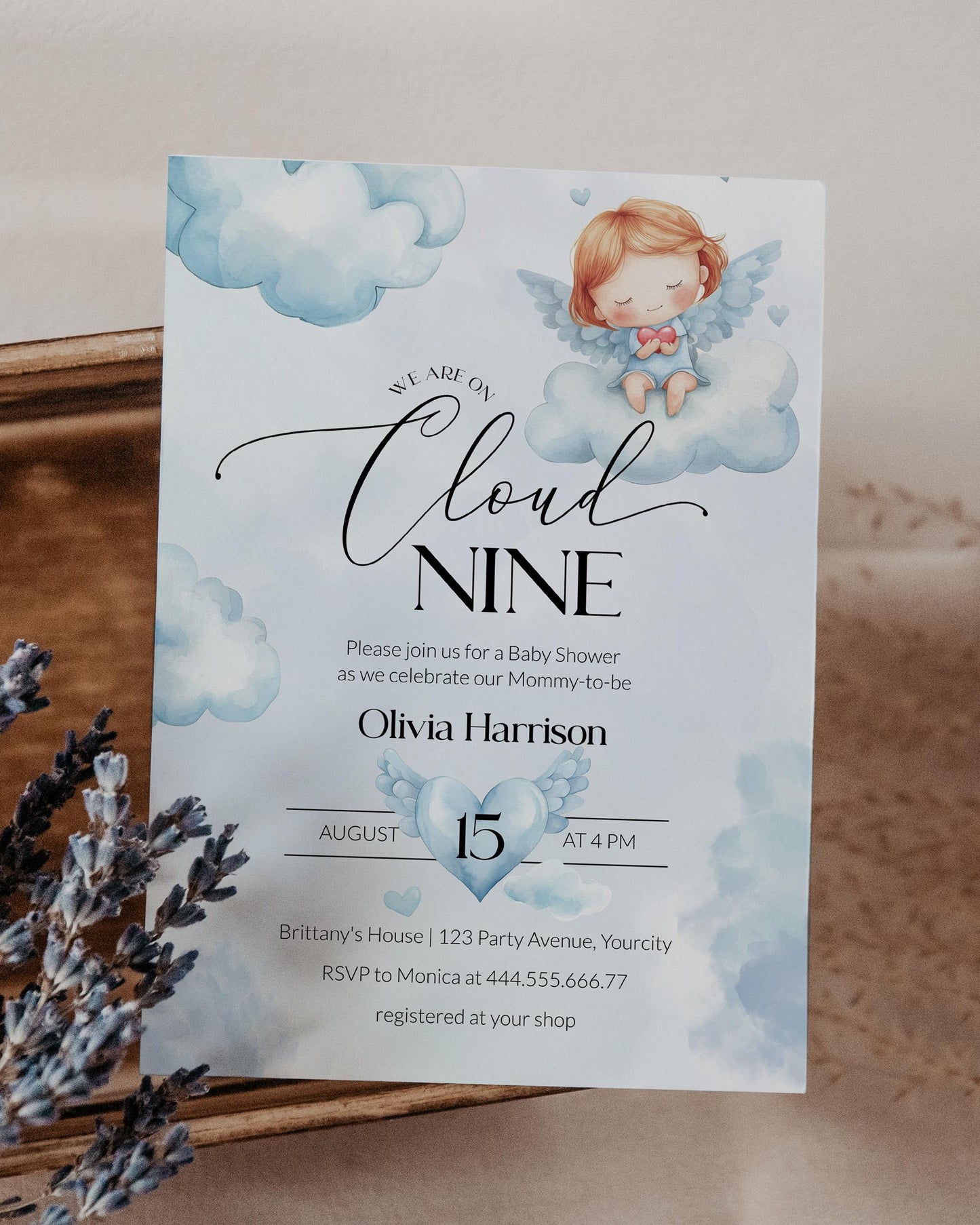 Cloud Nine Baby Shower Invitation, Heaven Sent Blue Cloud Shower Invite, Hello Baby Angel Wings Printable Template #072 - TheLovebirdsDesign