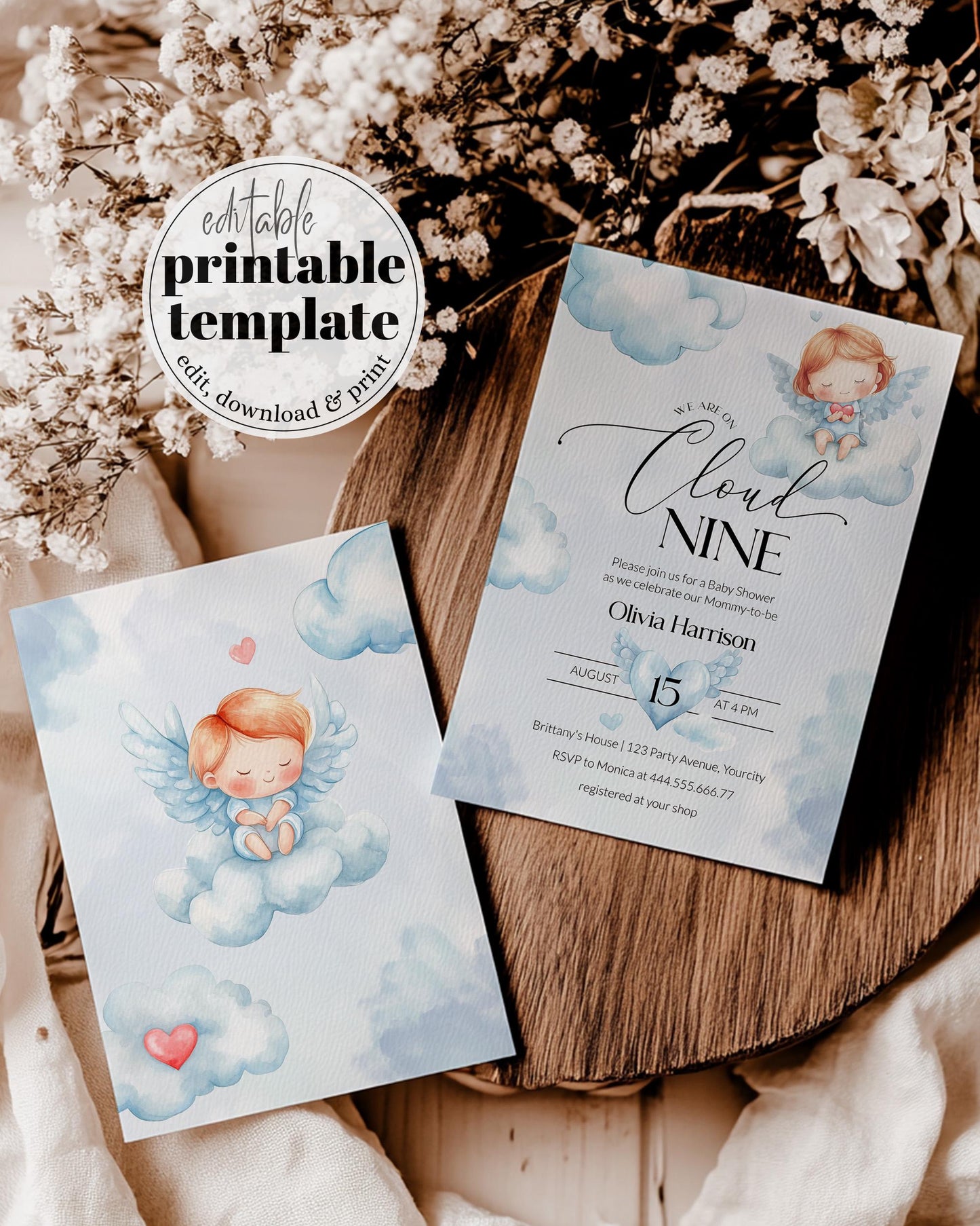 Cloud Nine Baby Shower Invitation, Heaven Sent Blue Cloud Shower Invite, Hello Baby Angel Wings Printable Template #072 - TheLovebirdsDesign