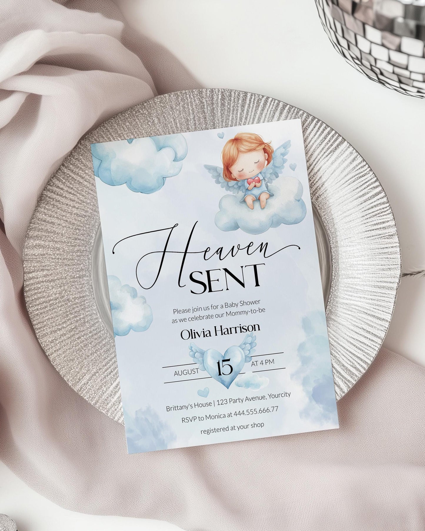 Blue Heaven Sent Baby Shower Invitation Boy with Angel and Wings, Little Piece of Heaven Baby Shower Invite, Printable Party Template #072 - TheLovebirdsDesign