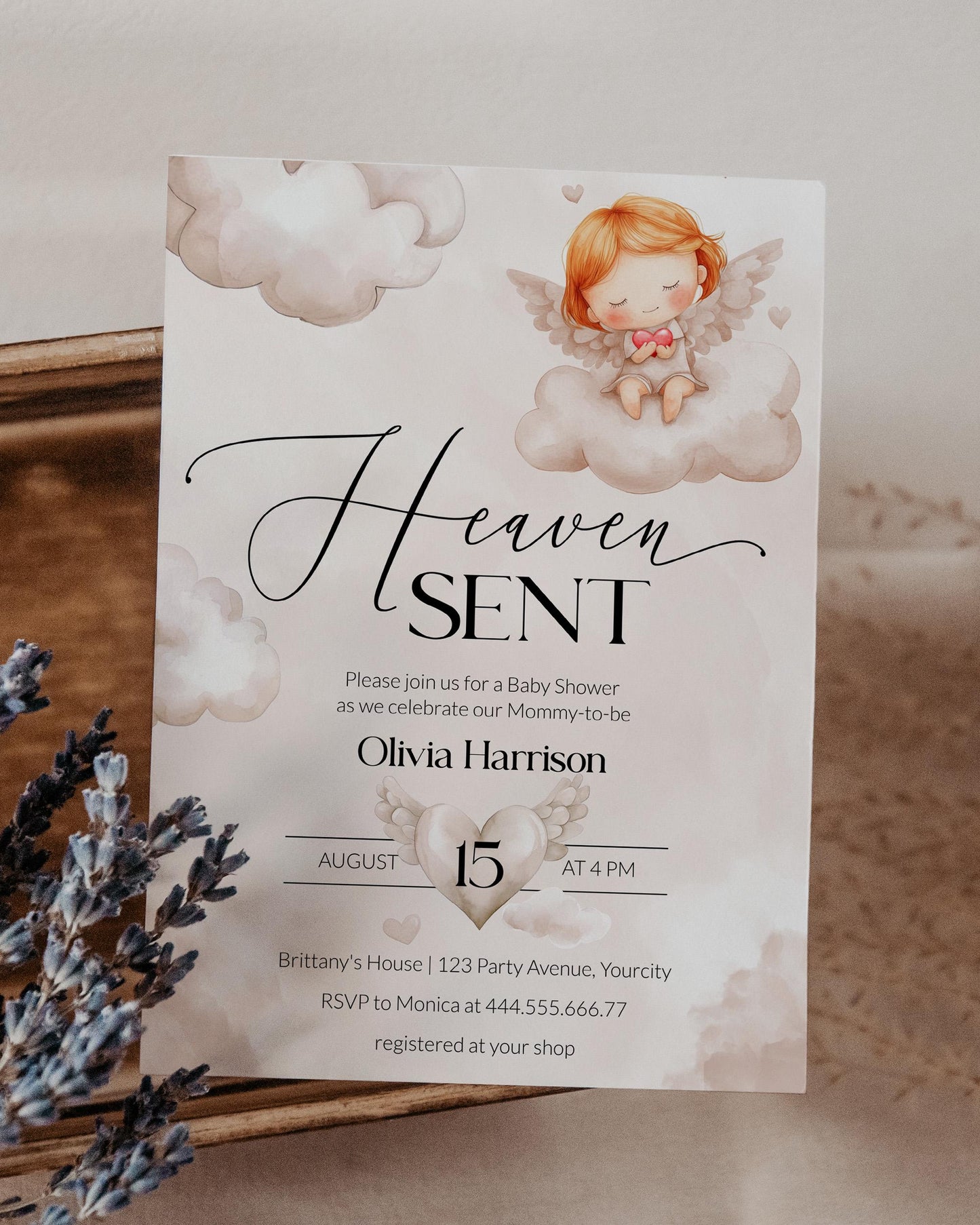 Hello Baby Shower Invitation, Gender Neutral Hello Baby Angel Heavenly Sent Shower Invite, Printable Template for Cloud Nine Party #072 - TheLovebirdsDesign
