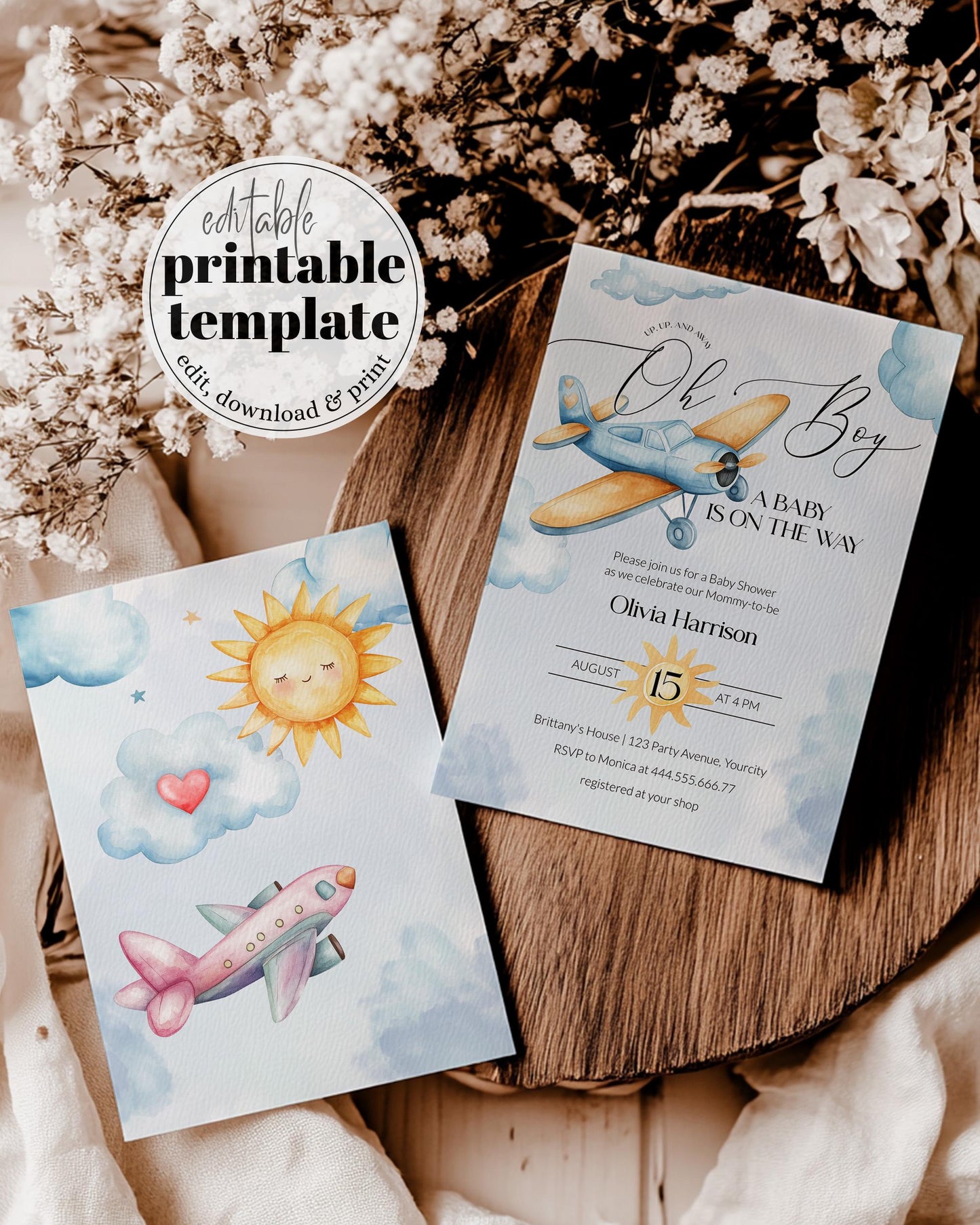 Airplane Travel Baby Shower Invitation, Adventure Begins Baby Boy Planes Shower Invite, Airplane around the World Shower Printable #072 - TheLovebirdsDesign