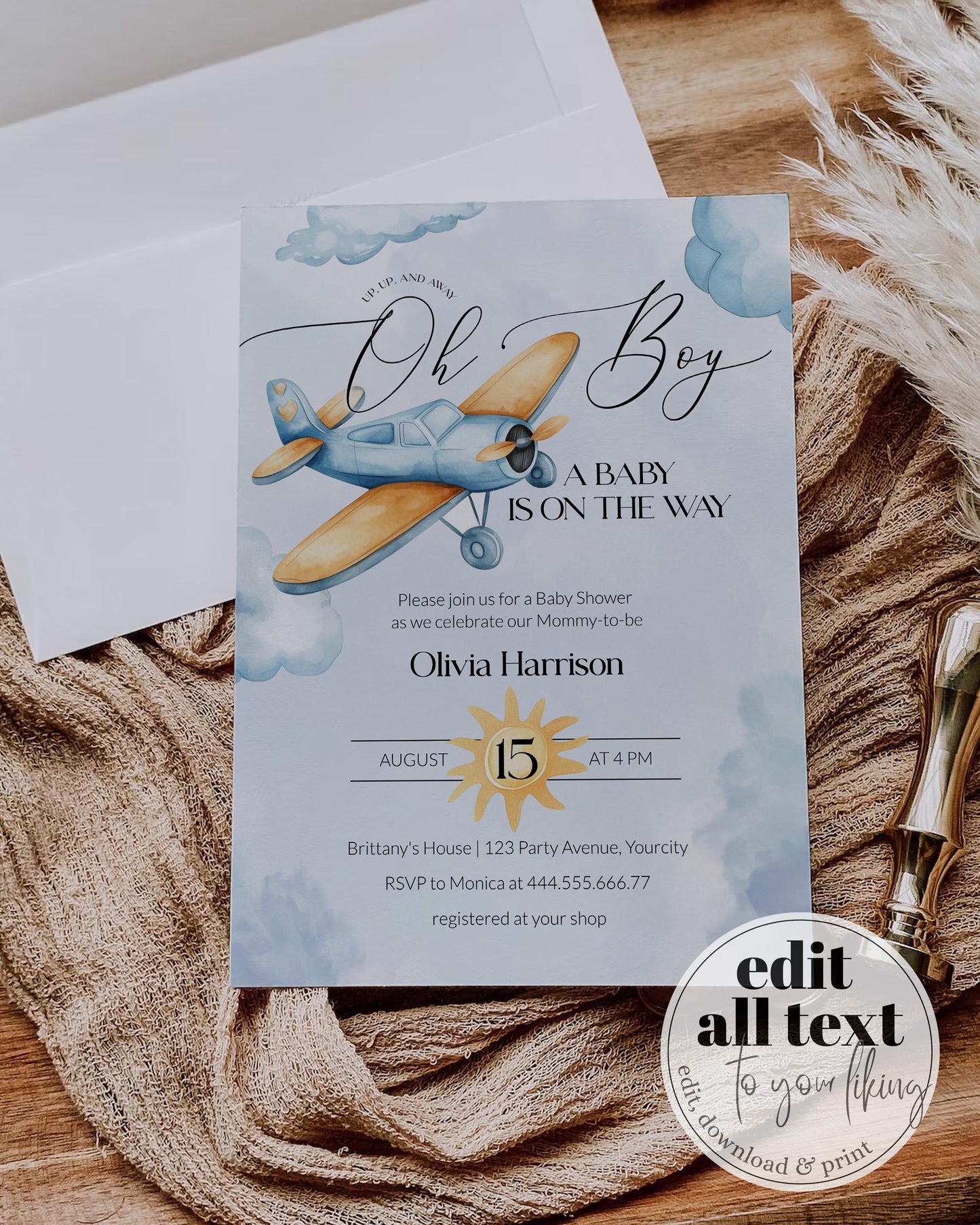 Airplane Travel Baby Shower Invitation, Adventure Begins Baby Boy Planes Shower Invite, Airplane around the World Shower Printable #072 - TheLovebirdsDesign