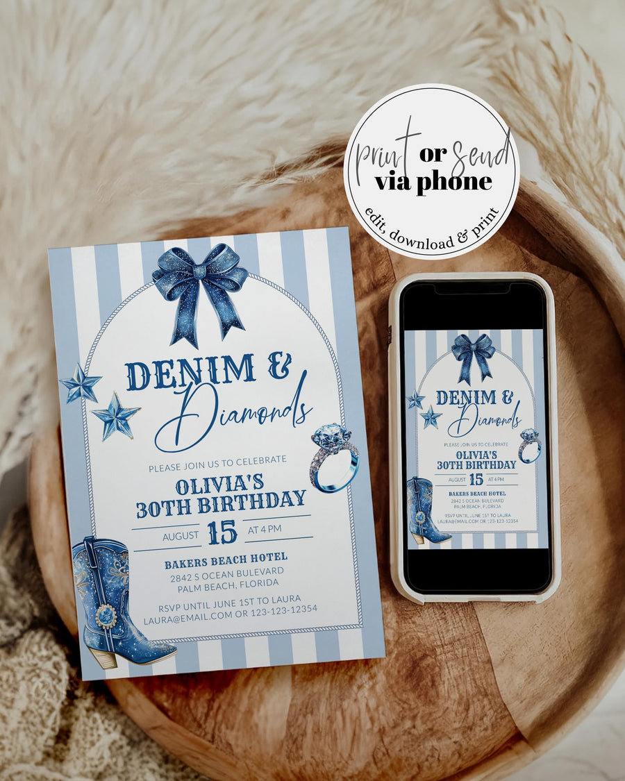 Denim and Diamonds Birthday Invitation, Blue Disco Cowgirl Adult Rodeo Party Template 022BLDC-BINV - marryful.org
