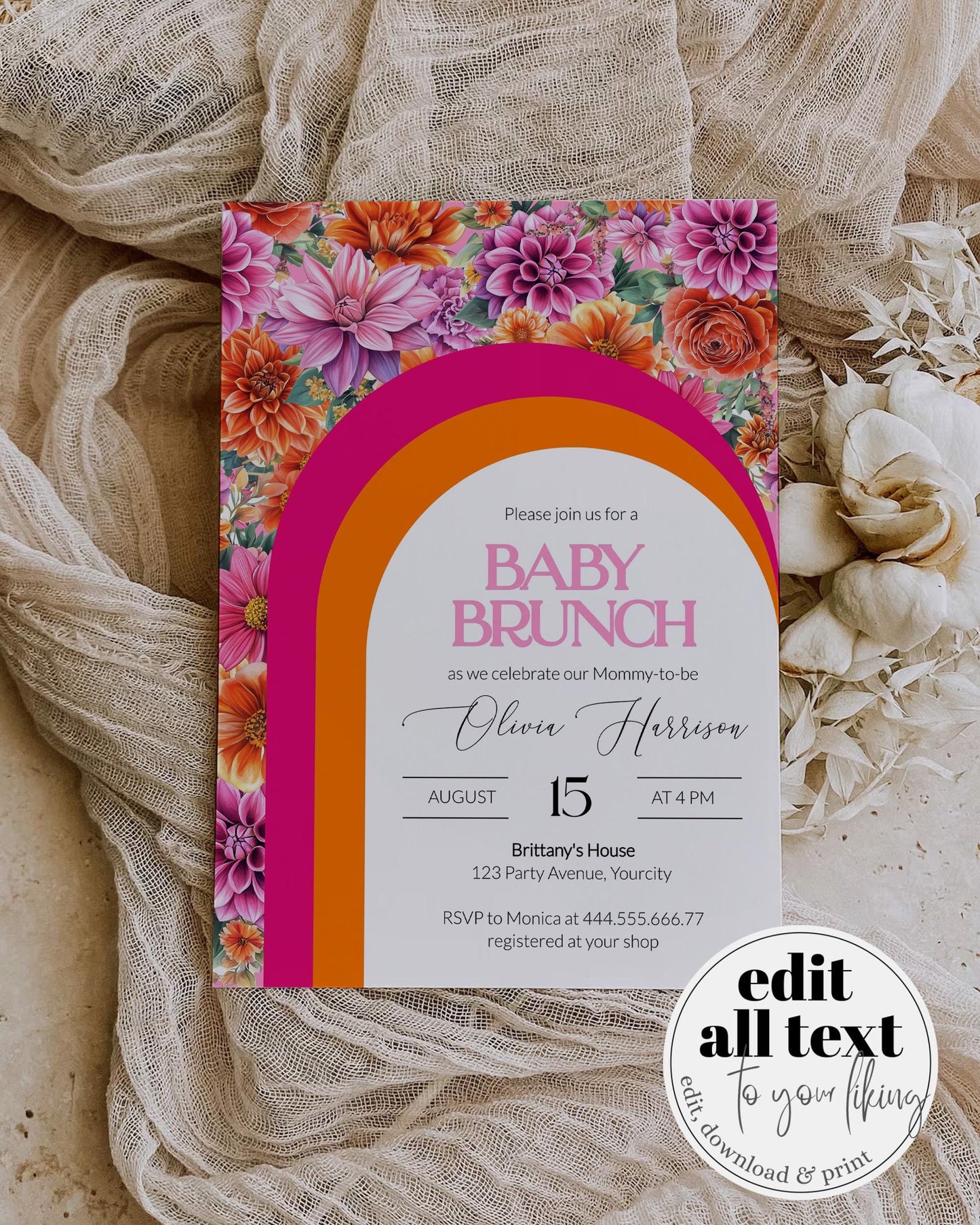 Pink Orange Baby Brunch Citrus Baby Shower Invitation, Editable Sunrise Party Template Summer Girl Baby Shower Invite Printable Template#072 - TheLovebirdsDesign