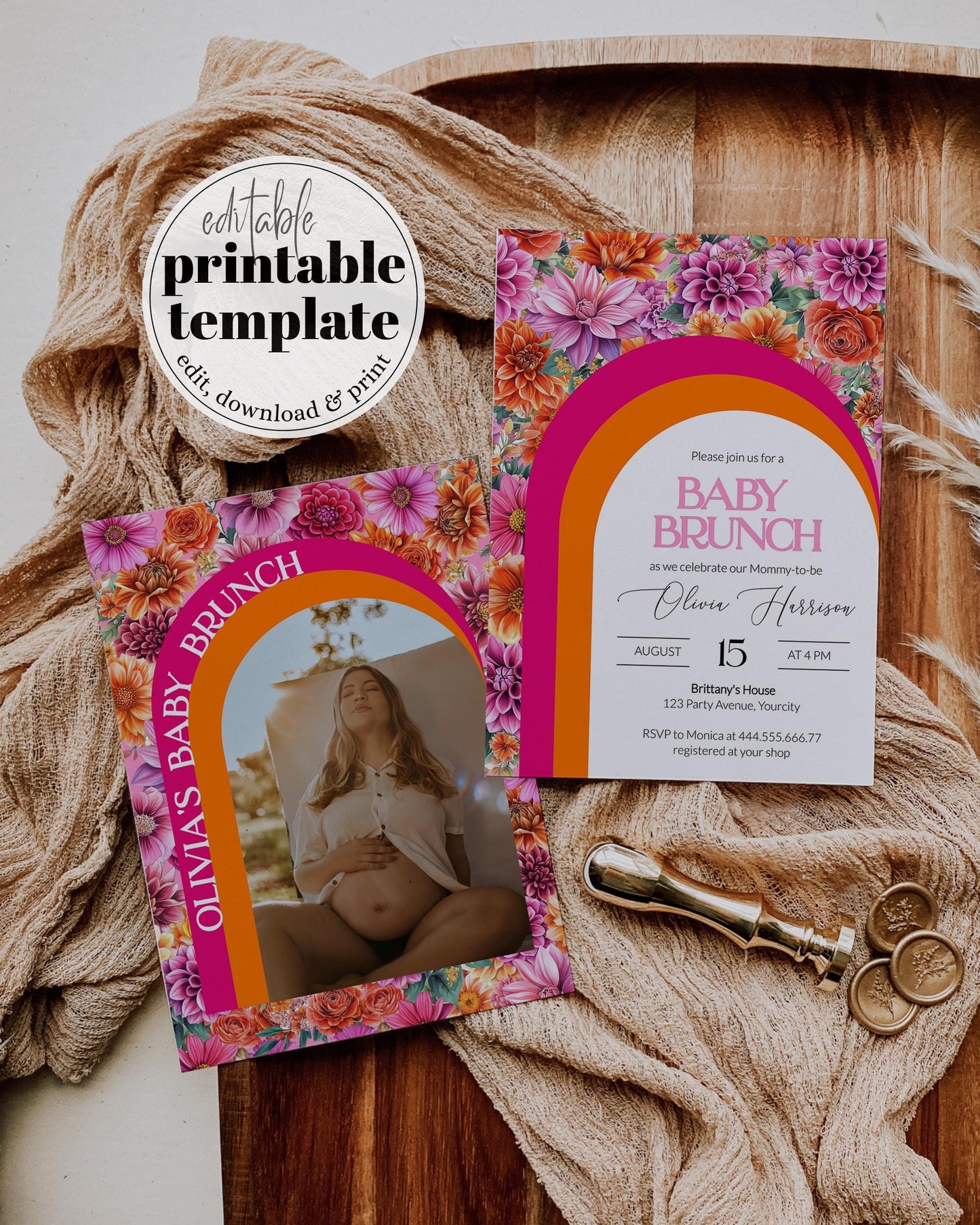 Pink Orange Baby Brunch Citrus Baby Shower Invitation, Editable Sunrise Party Template Summer Girl Baby Shower Invite Printable Template#072 - TheLovebirdsDesign