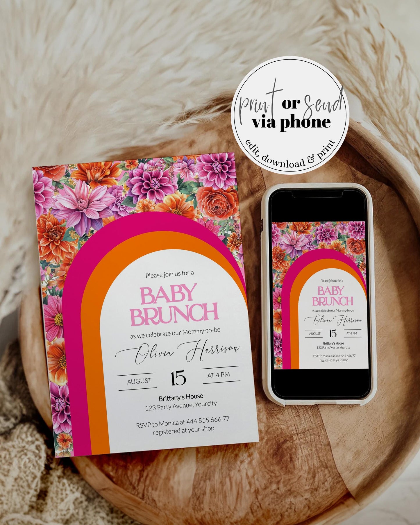 Pink Orange Baby Brunch Citrus Baby Shower Invitation, Editable Sunrise Party Template Summer Girl Baby Shower Invite Printable Template#072 - TheLovebirdsDesign