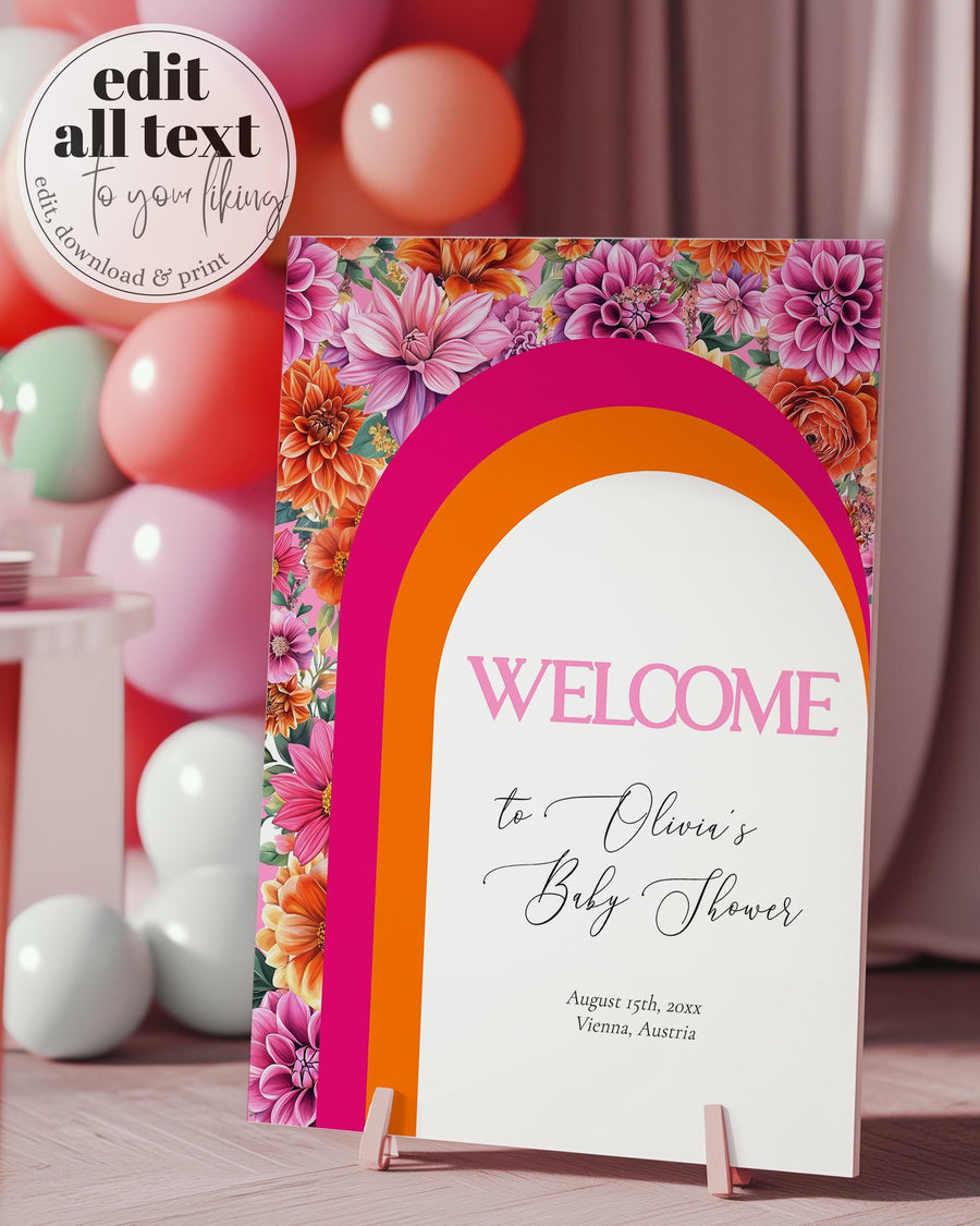 Pink Orange Welcome Sign, Editable Sunrise Party Welcome Template for Summer Girl Baby Shower or Bridal Party Printable Decorations #072 - marryful.org