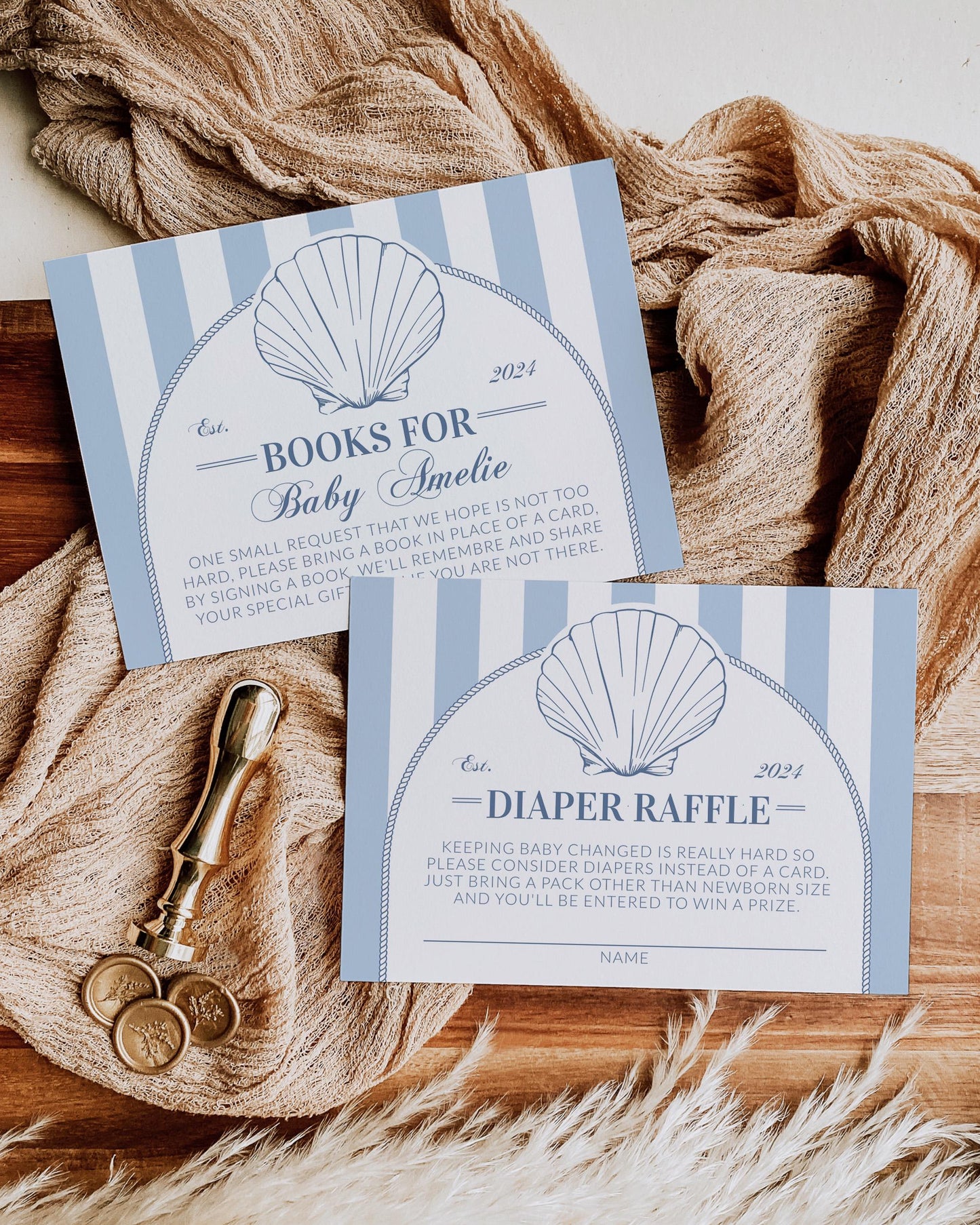 Summer Beach Bum Coastal Baby Shower Invitation, Nautical Summer Beach Baby Shower muted blue stripes Shell Pearl Printable Template #072 - TheLovebirdsDesign