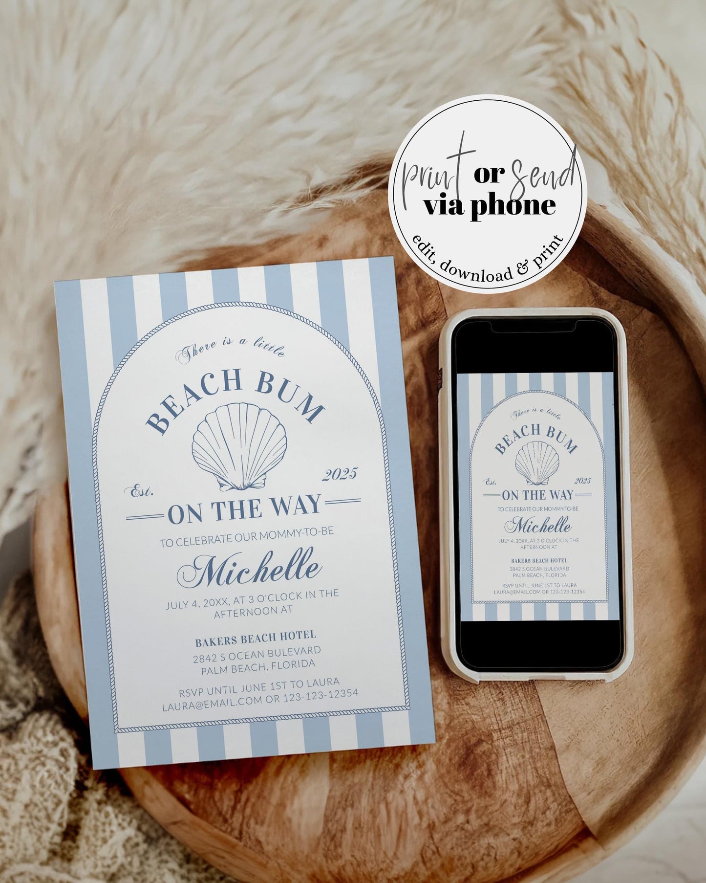 Summer Beach Bum Coastal Baby Shower Invitation, Nautical Summer Beach Baby Shower muted blue stripes Shell Pearl Printable Template #072 - TheLovebirdsDesign