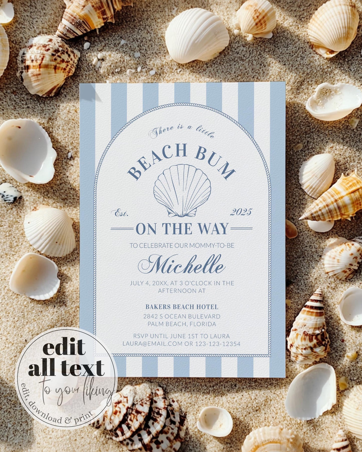 Summer Beach Bum Coastal Baby Shower Invitation, Nautical Summer Beach Baby Shower muted blue stripes Shell Pearl Printable Template #072 - TheLovebirdsDesign