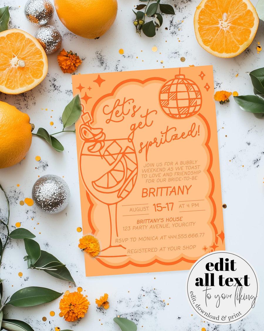 Orange Spritz Bachelorette Party Invitation, Lets get Spritzed Bridal Shower Invite, Funky Italian Hen Do Weekend Itinerary Template #070 - marryful.org