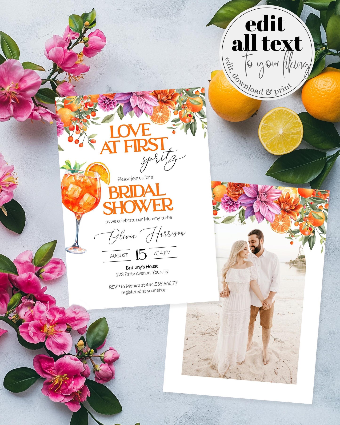 Love at First Spritz Bridal Shower Invitation, Pink Orange Spritz Bridal Shower Invite, Citrus Bridal Brunch Bright Florals Template #072 - TheLovebirdsDesign