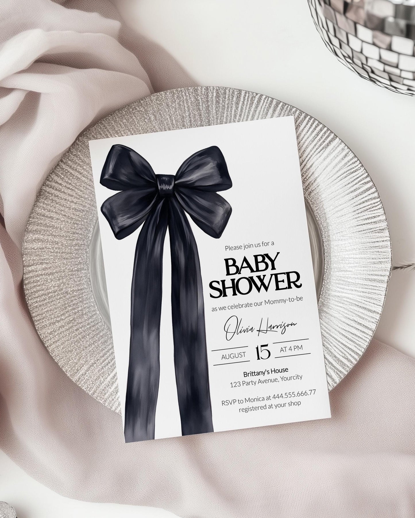 Black Bow Baby Invite, Knot Baby Shower Invitation Gender Neutral Classy Coquette Evite Illustrated Grandmillenial Bow Party Template #072 - TheLovebirdsDesign