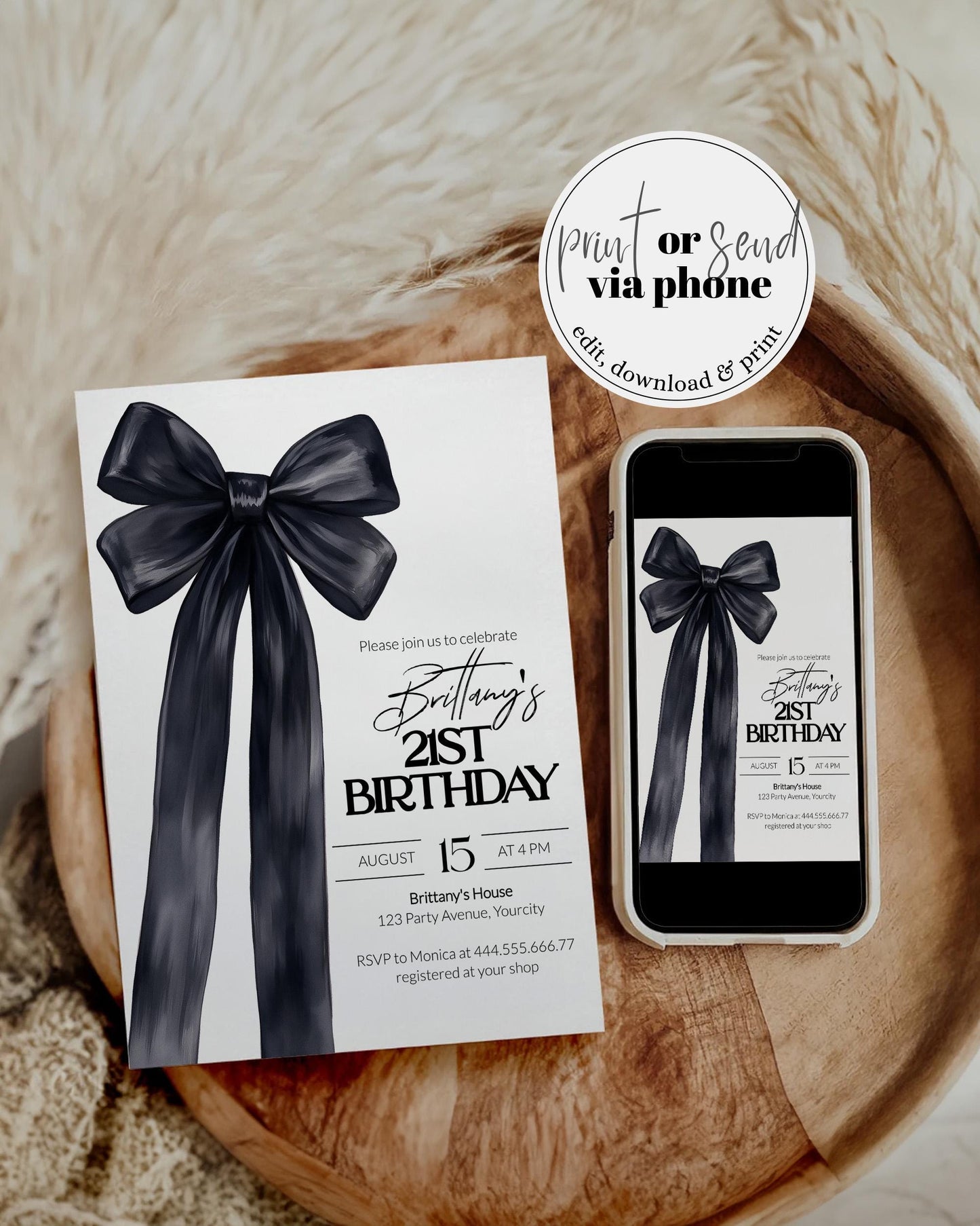 Black Bow Birthday Invitation Girls 21st Birthday Classy Coquette Bow 30th Birthday Invite Women Illustrated Grandmillenial Bow Template#072 - TheLovebirdsDesign