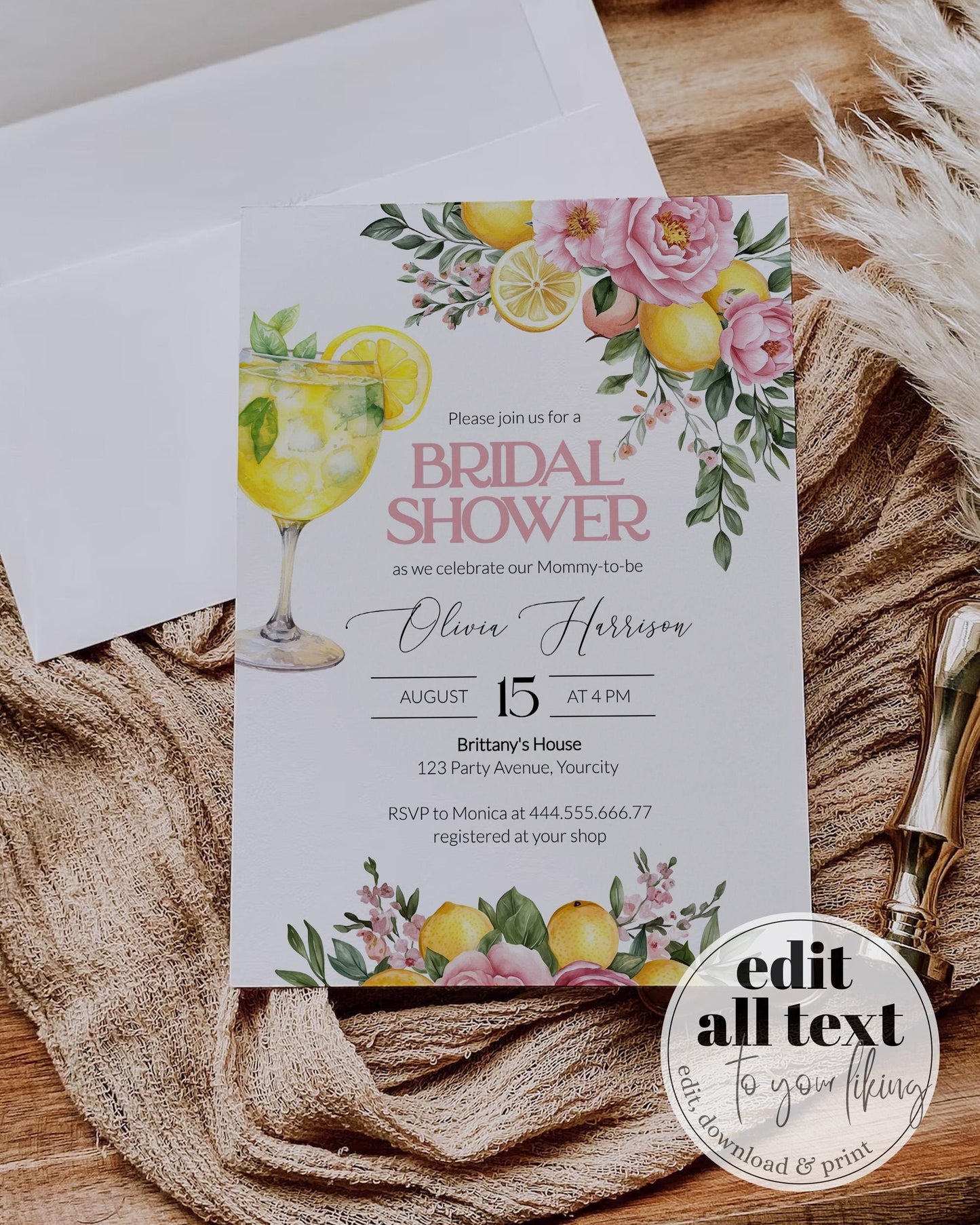 Pink Lemonade Bridal Shower Invitation, Pink Lemon Floral Citrus Bridal Shower Invite, Mediterranean Lemon Girl Shower Evite Template #072 - TheLovebirdsDesign