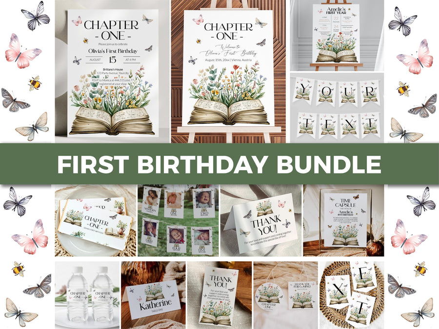 One for the Books First Birthday Bundle Template, Chapter ONE Storybook Wildflower Party Decor 077ST-BBUNDLE - marryful.org