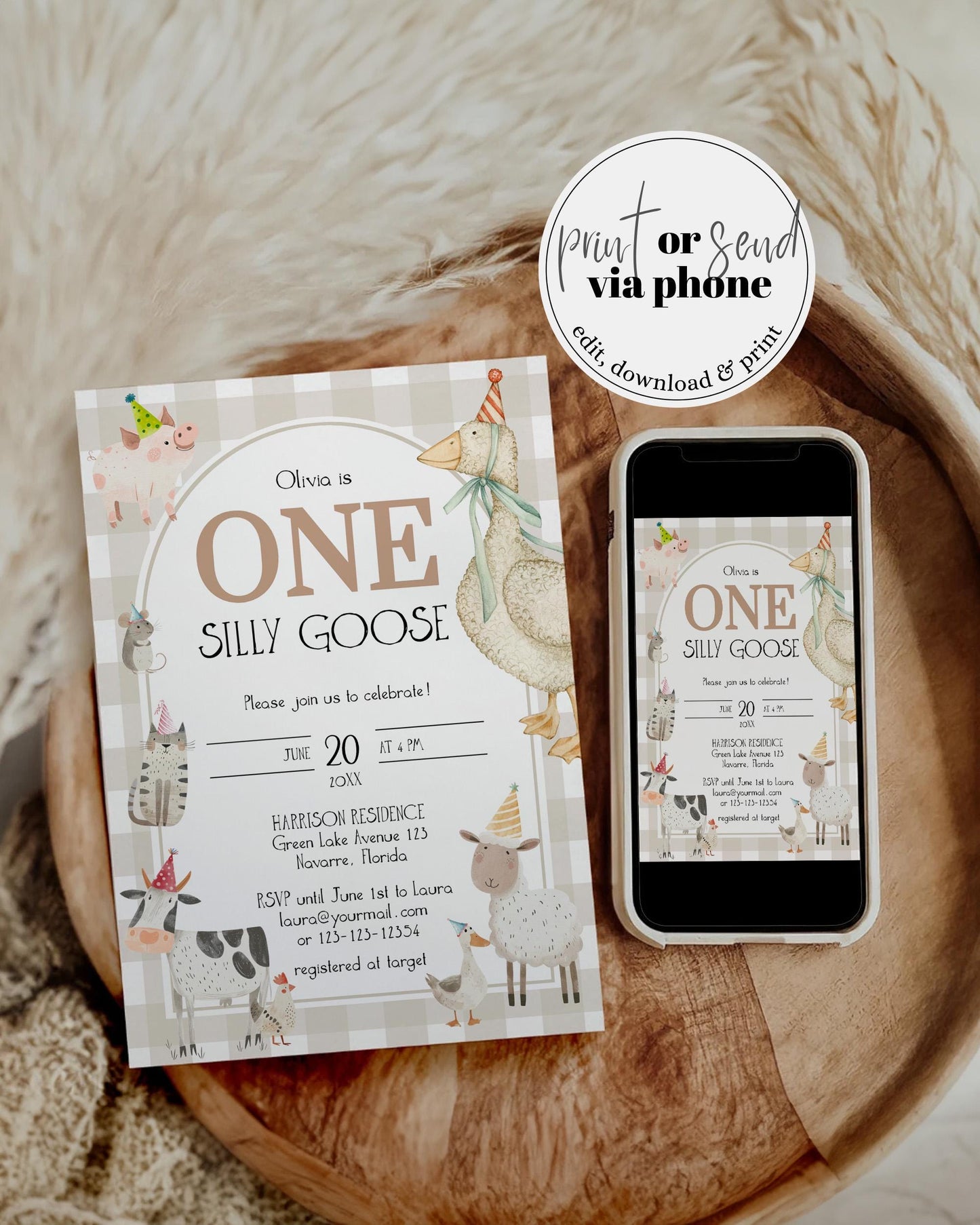 One Silly Goose Birthday Invitation with Farm Party Animals, Gender Neutral 1st Birthday Invite, Goose Invitation Printable Template #068 - TheLovebirdsDesign