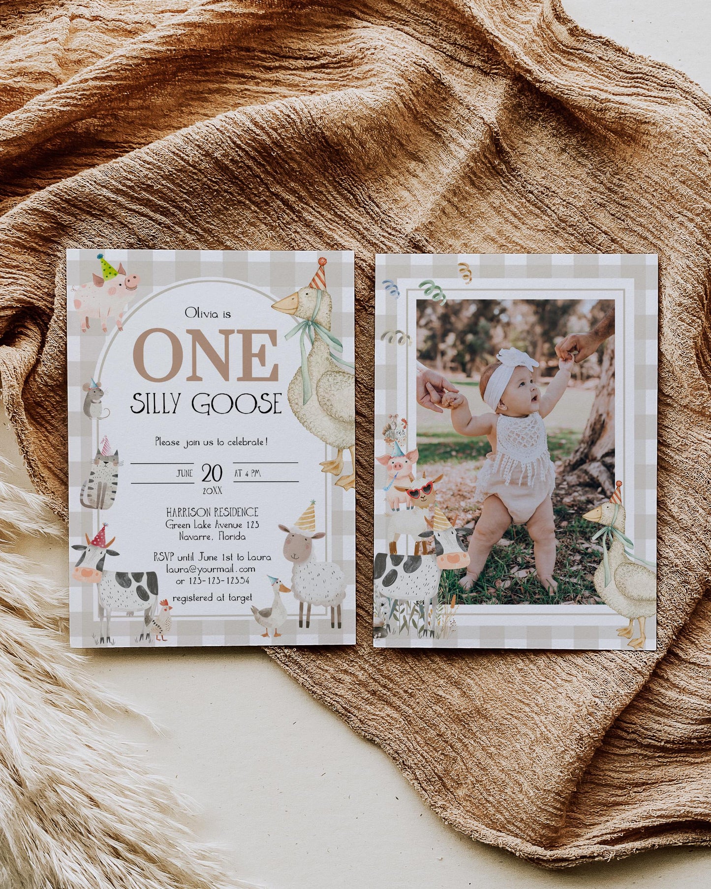 One Silly Goose Birthday Invitation with Farm Party Animals, Gender Neutral 1st Birthday Invite, Goose Invitation Printable Template #068 - TheLovebirdsDesign
