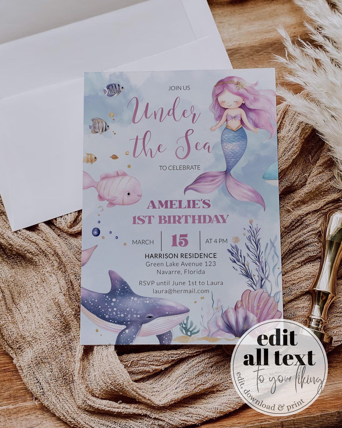 Mermaid Themed First Birthday Invite, Under the Sea Animals Party Invitation, Pink Blue Dolphin Turtle Beautiful Mermaid Evite Template #022 - TheLovebirdsDesign