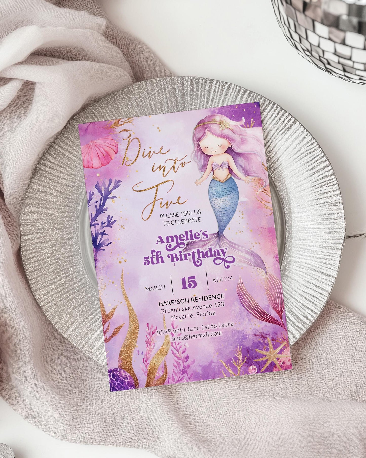 Dive into Five Mermaid Themed Birthday Invitation for Girls, Pink Purple Glitter Magical Mermaid 5th Birthday Invite Printable Template #022 - TheLovebirdsDesign