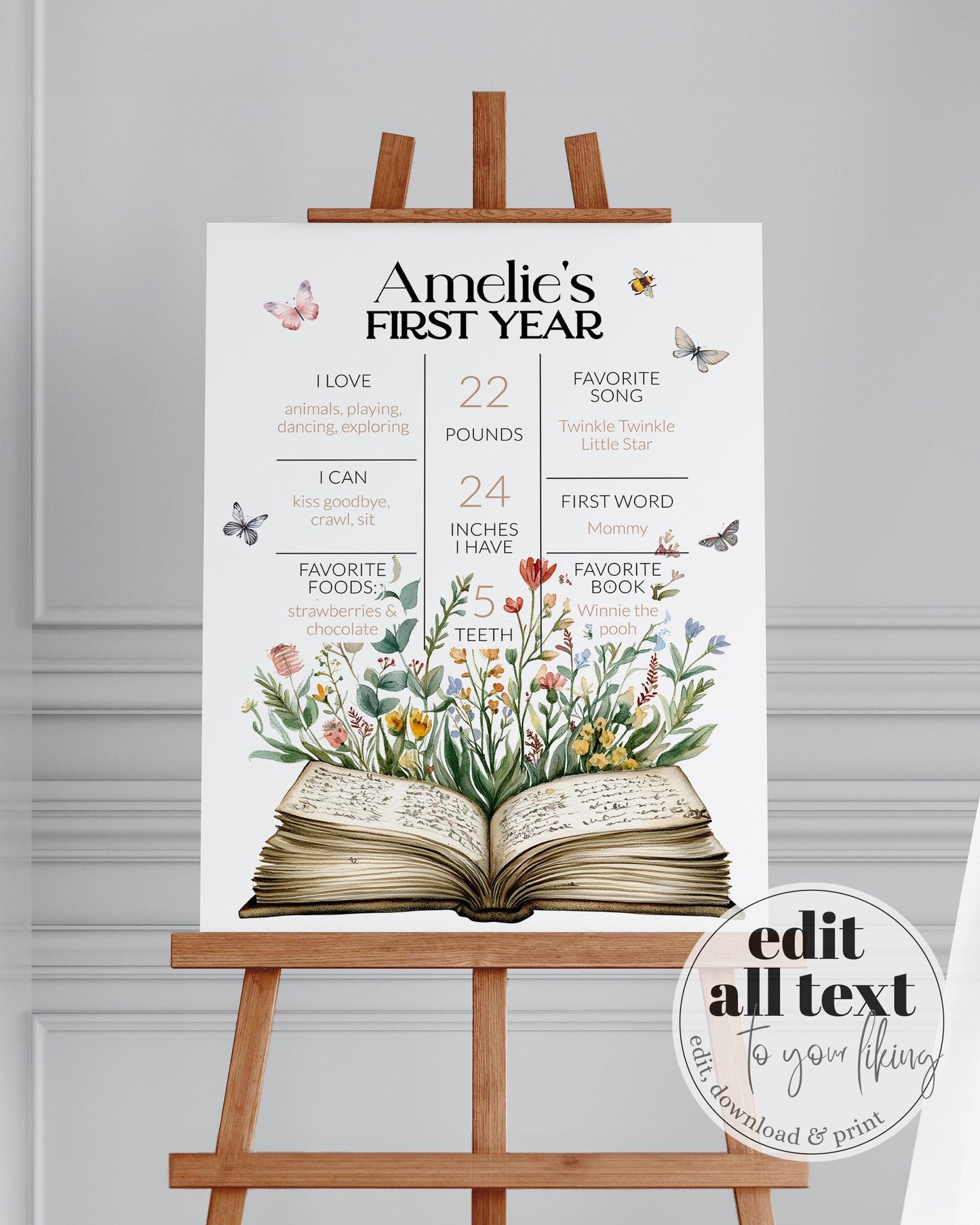 Storybook First Birthday Milestone Sign, Chapter One Baby Milestone Sign, My first year Gender Neutral Book Baby Shower Decor Template #072 - TheLovebirdsDesign
