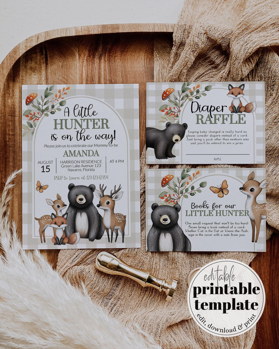 Hunter Theme Forest Animals Woodsy Baby Shower Invitation, Little Buck Invite for Baby Boy, Hunter Baby Shower Printable Template #068 - marryful.org