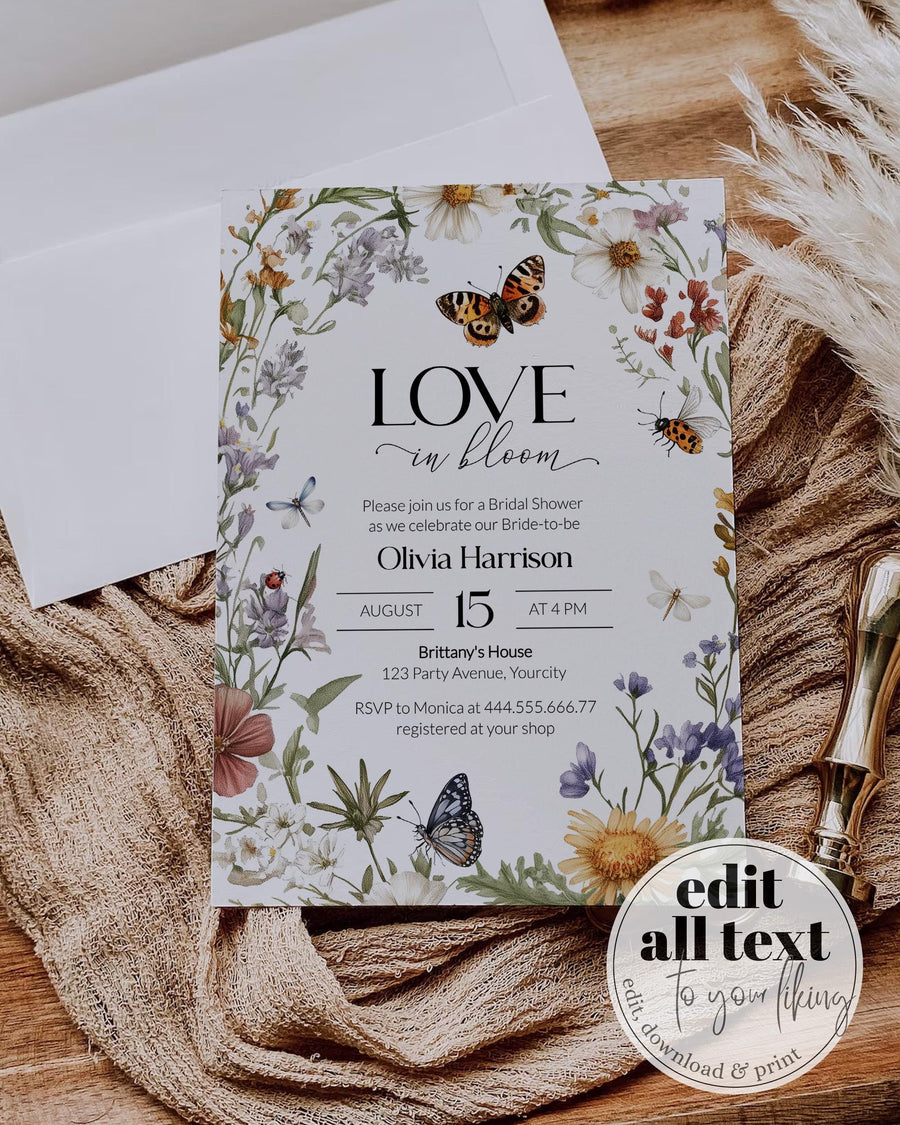 Wildflower Bridal Shower Invitation Template, Love in Bloom Butterfly Garden Theme 100LB-BRSINV - marryful.org