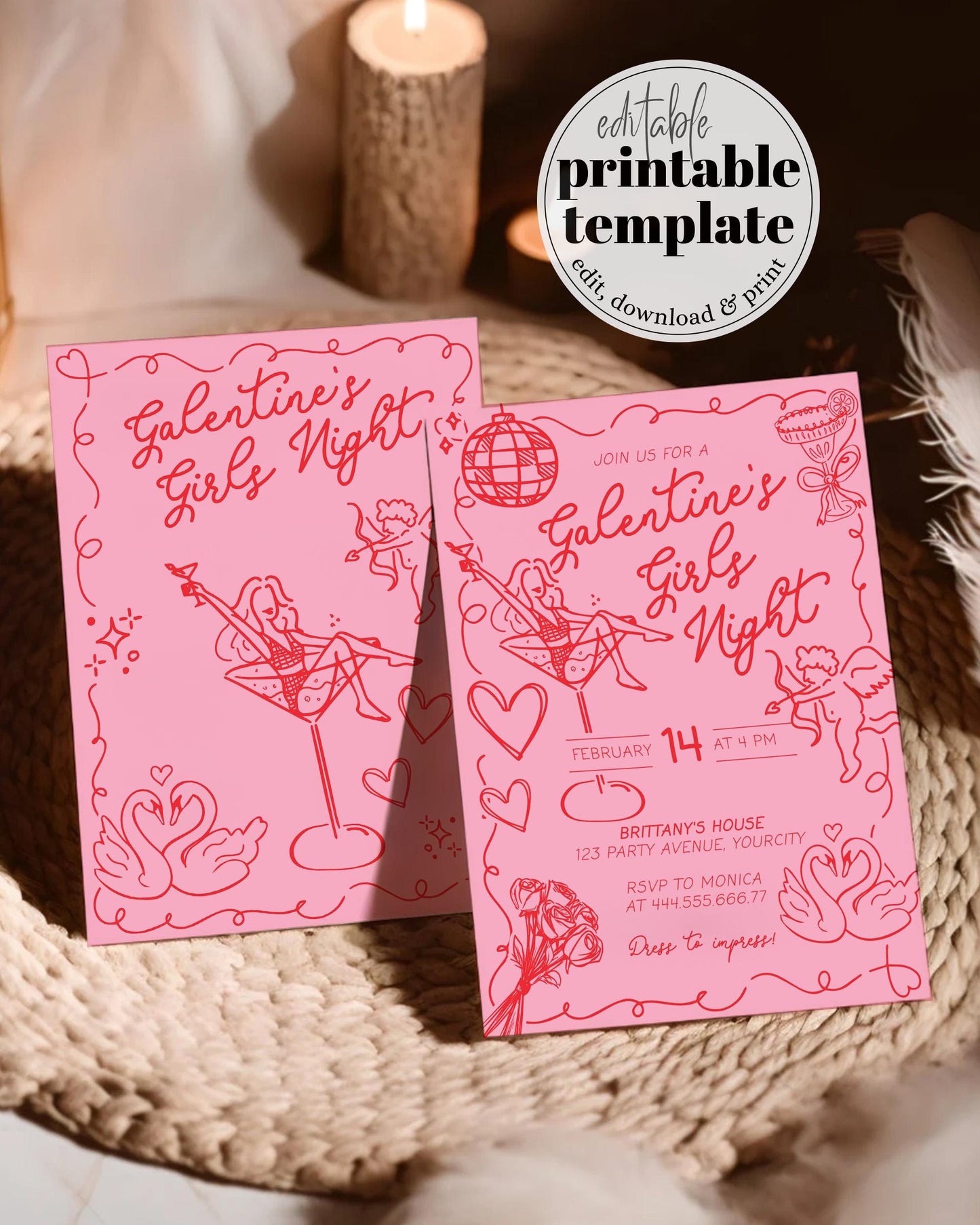 Handwritten Galentines Day Girls Night Invitation Funky Doodle Pink Red Valentines Pajama Party Invite Galentine Dinner Brunch Template #070 - TheLovebirdsDesign