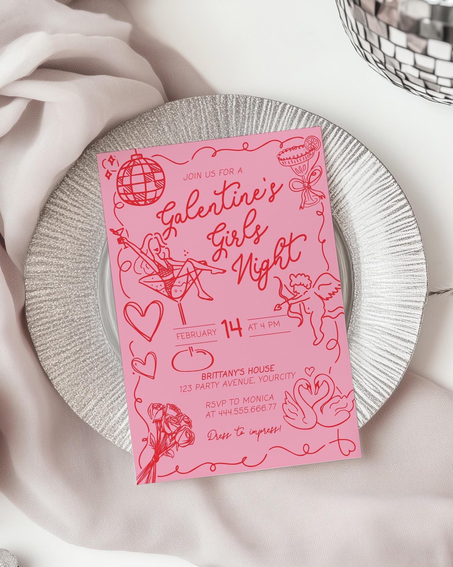 Handwritten Galentines Day Girls Night Invitation Funky Doodle Pink Red Valentines Pajama Party Invite Galentine Dinner Brunch Template #070 - TheLovebirdsDesign
