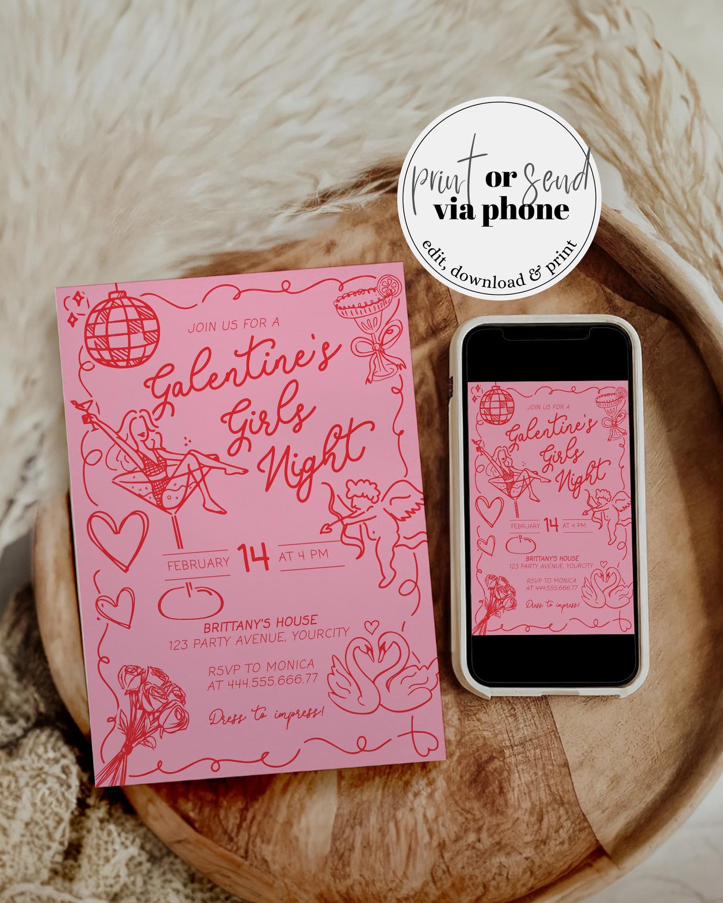 Handwritten Galentines Day Girls Night Invitation Funky Doodle Pink Red Valentines Pajama Party Invite Galentine Dinner Brunch Template #070 - TheLovebirdsDesign