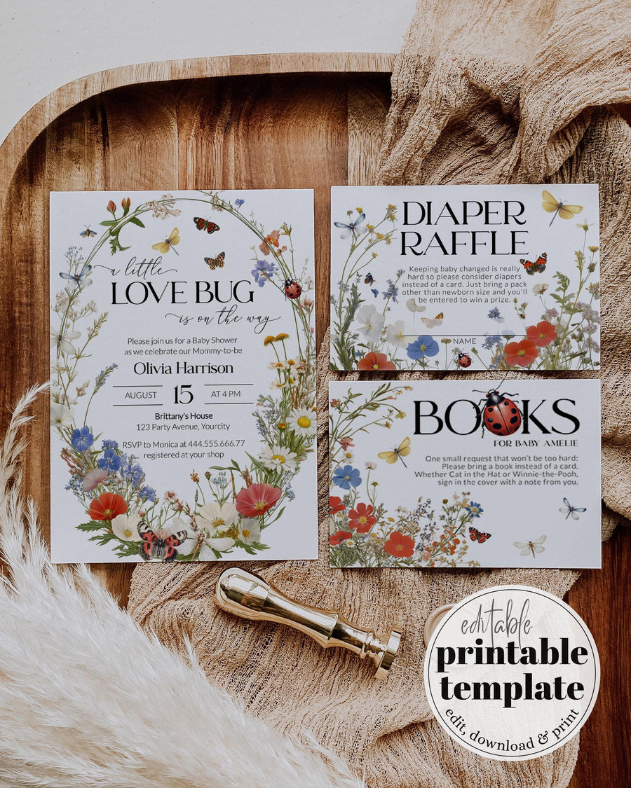 Wildflower Love Bug Baby Shower Invitation Template, Butterfly Garden Gender Neutral Theme #072 - marryful.org
