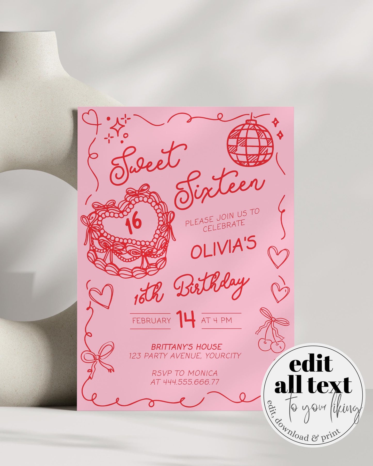 Sweet Sixteen Girl 16th Birthday Invitation Hand drawn Bow Heart Shaped Birthday Cake for Teenage 16 Birthday Invite Printable Template #072 - TheLovebirdsDesign