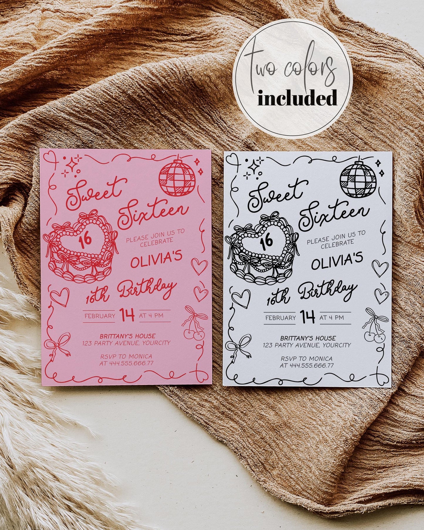 Sweet Sixteen Girl 16th Birthday Invitation Hand drawn Bow Heart Shaped Birthday Cake for Teenage 16 Birthday Invite Printable Template #072 - TheLovebirdsDesign