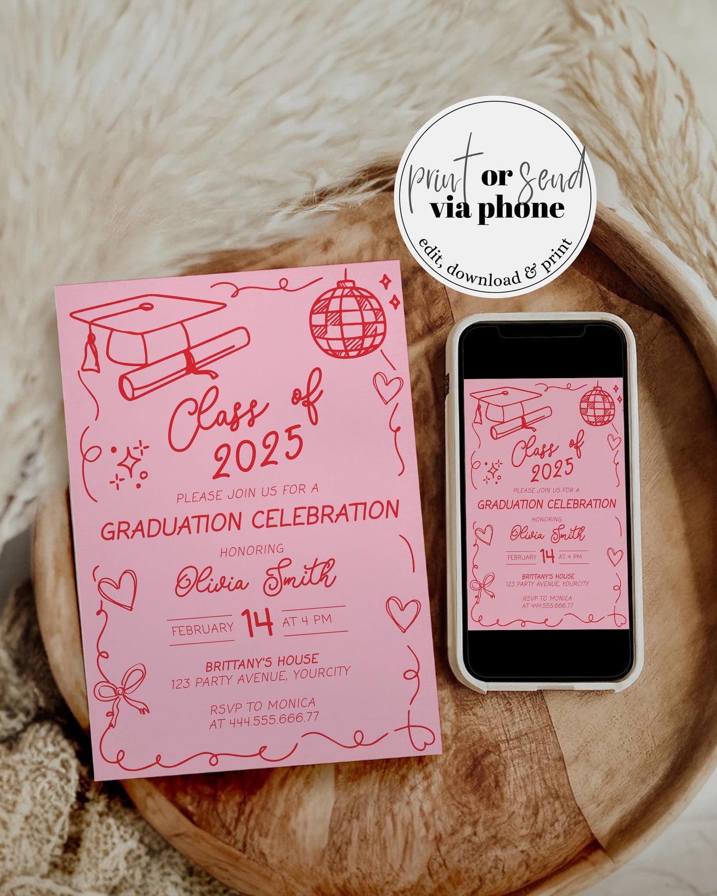 Graduation Party Invitation Class of 2025 Pink Hand drawn Bow Wavy Frame Invitation Template for High School College Grad Party Invite #072 - TheLovebirdsDesign