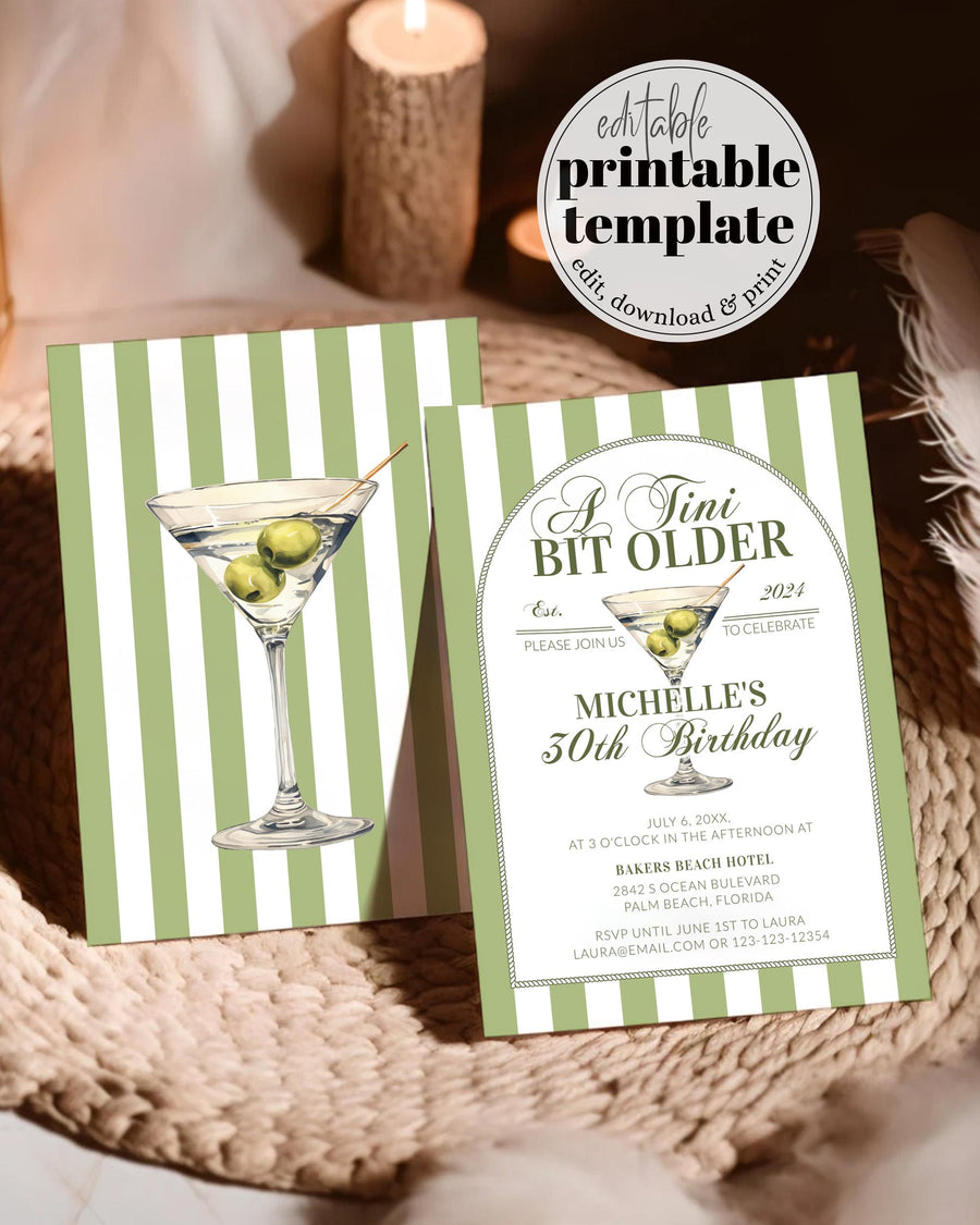 Martini 30th Birthday Invitation, A Tini Bit Older Dirty Martini Party Invite for Adult 20 30 40 50 Birthday Olive Printable Template #072 - marryful.org