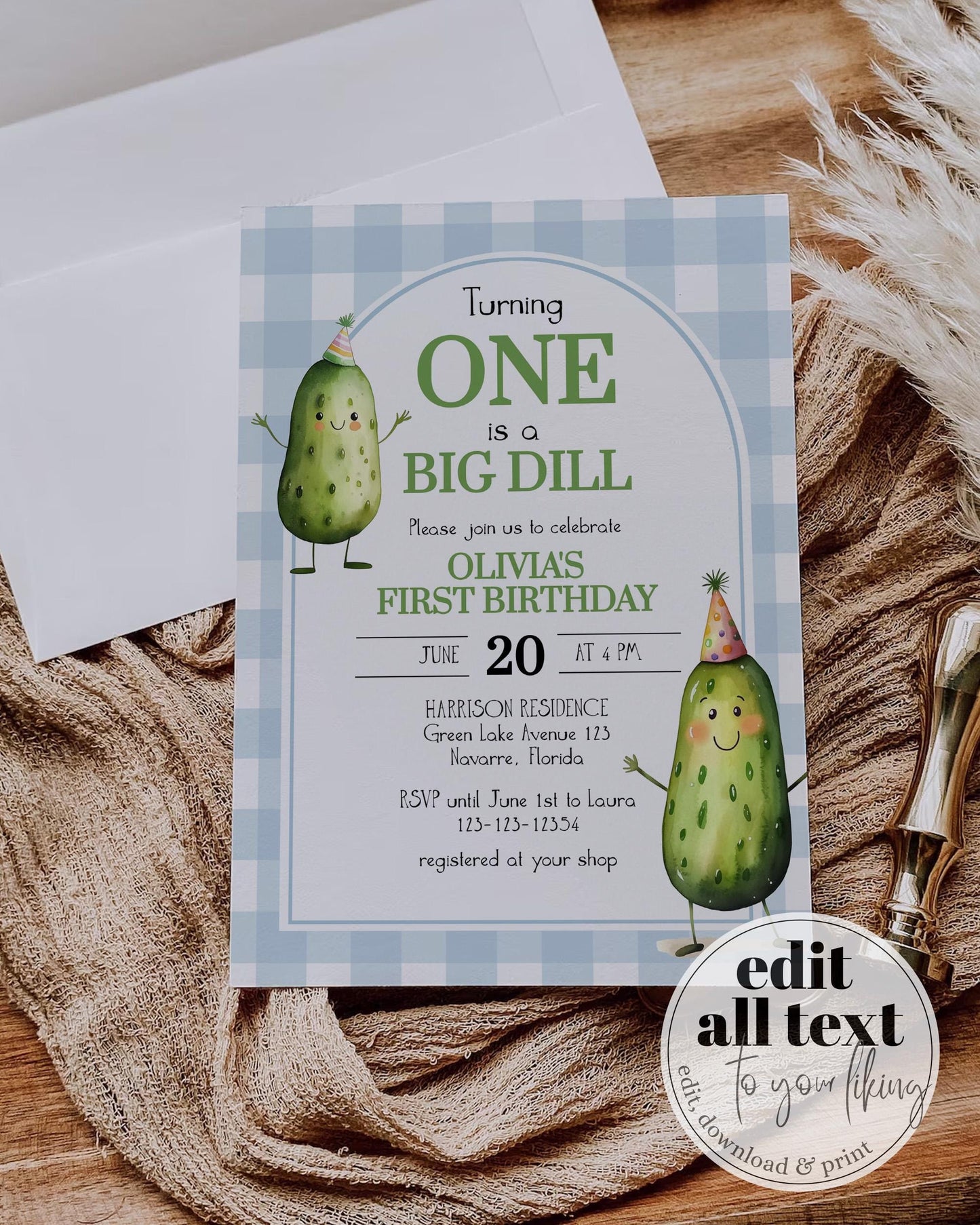 Big Dill Pickle themed Birthday Invitation Suite for One Year old Boy or Girl, Editable Birthday Party Invite Pickle Printable Template #068 - TheLovebirdsDesign